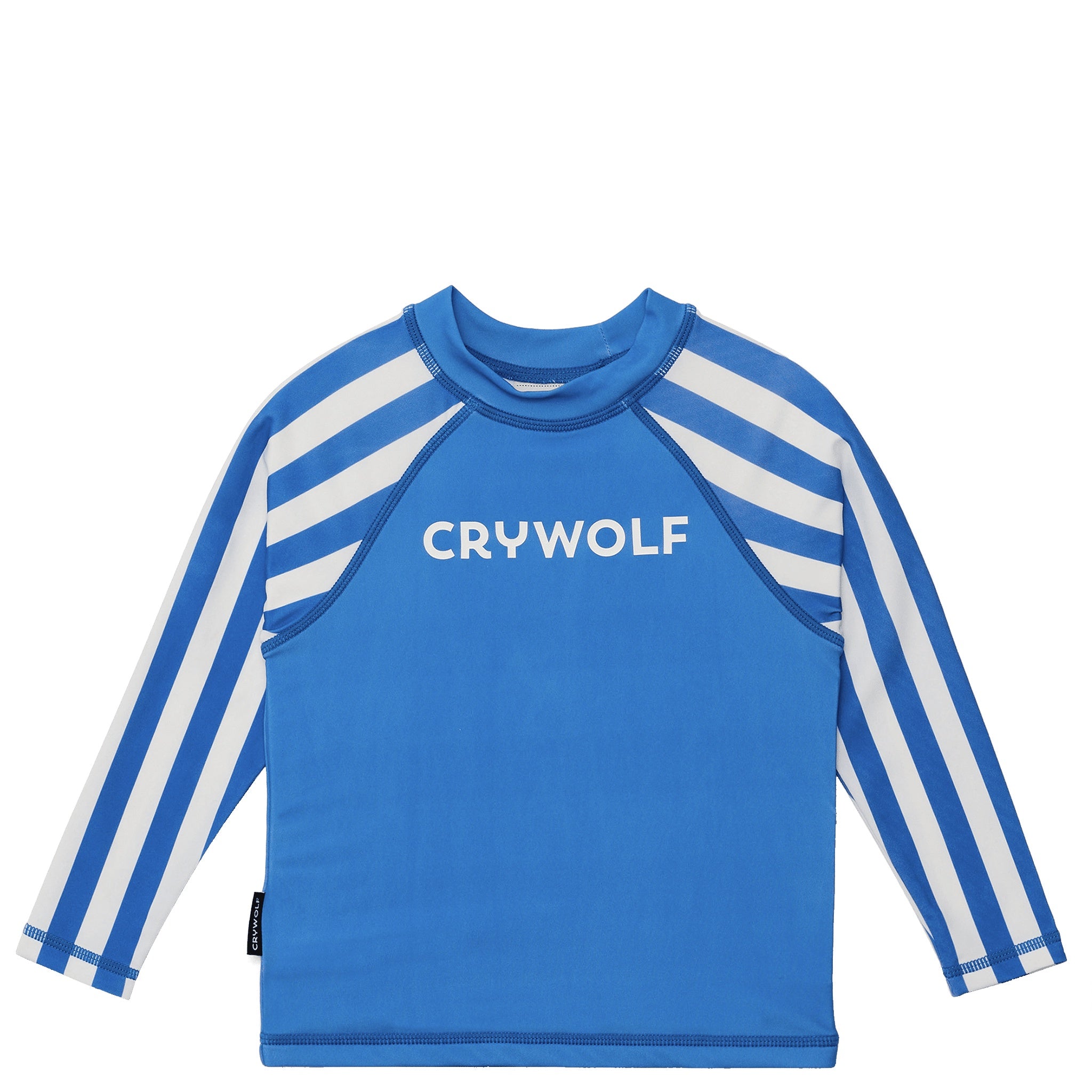 Blue and white striped rash vest on a white background