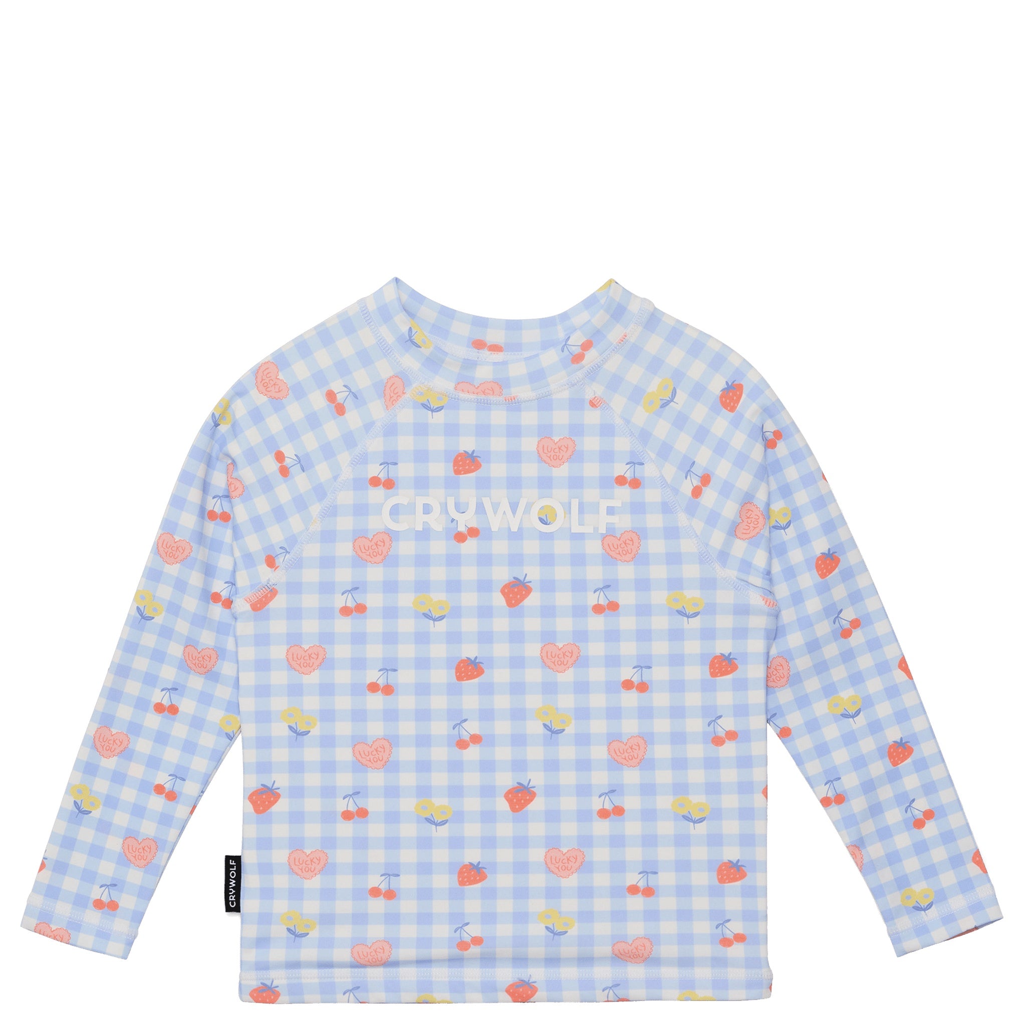 Blue and pink checkered rash vest on a white background