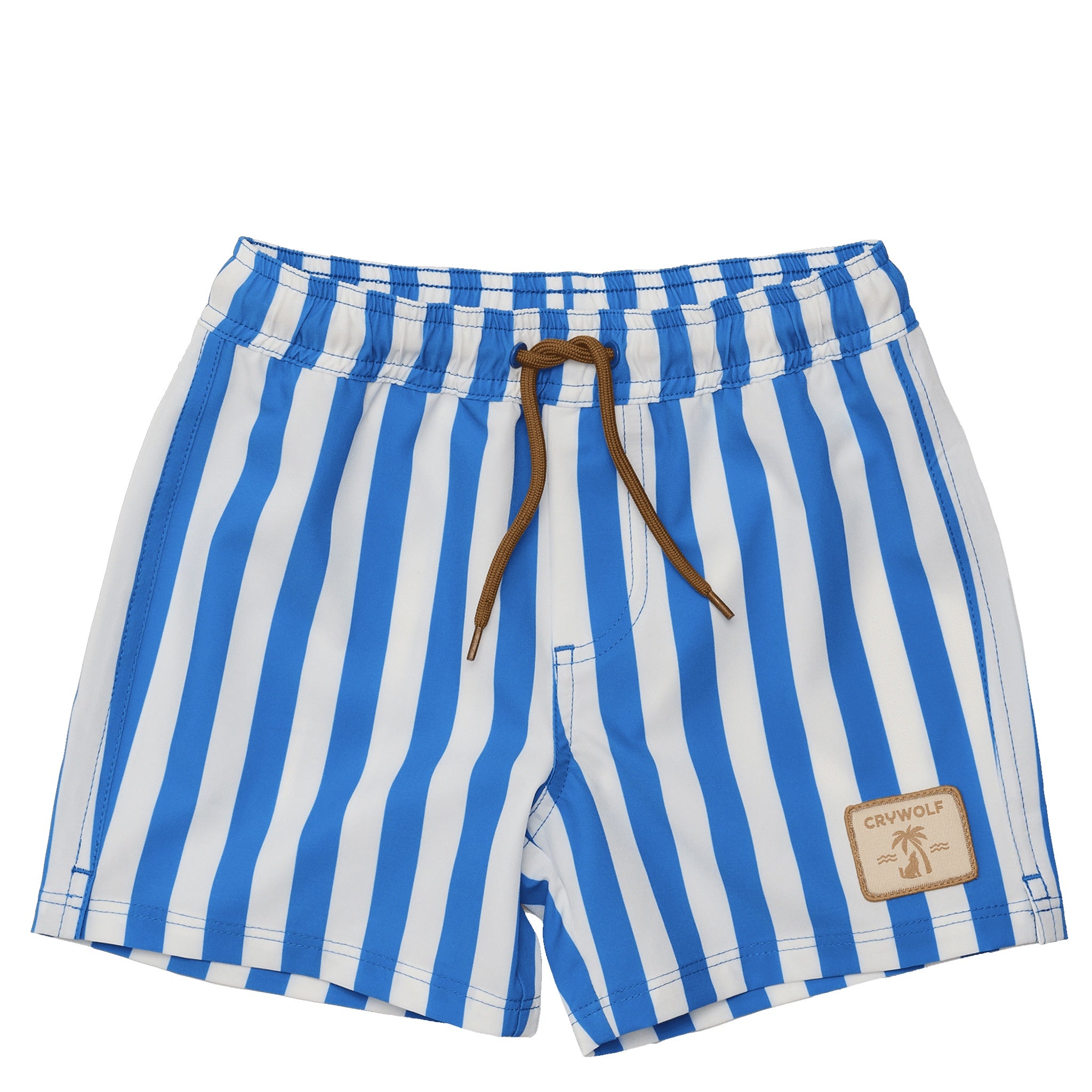 Blue and white striped shorts with a brown drawstring on a white background