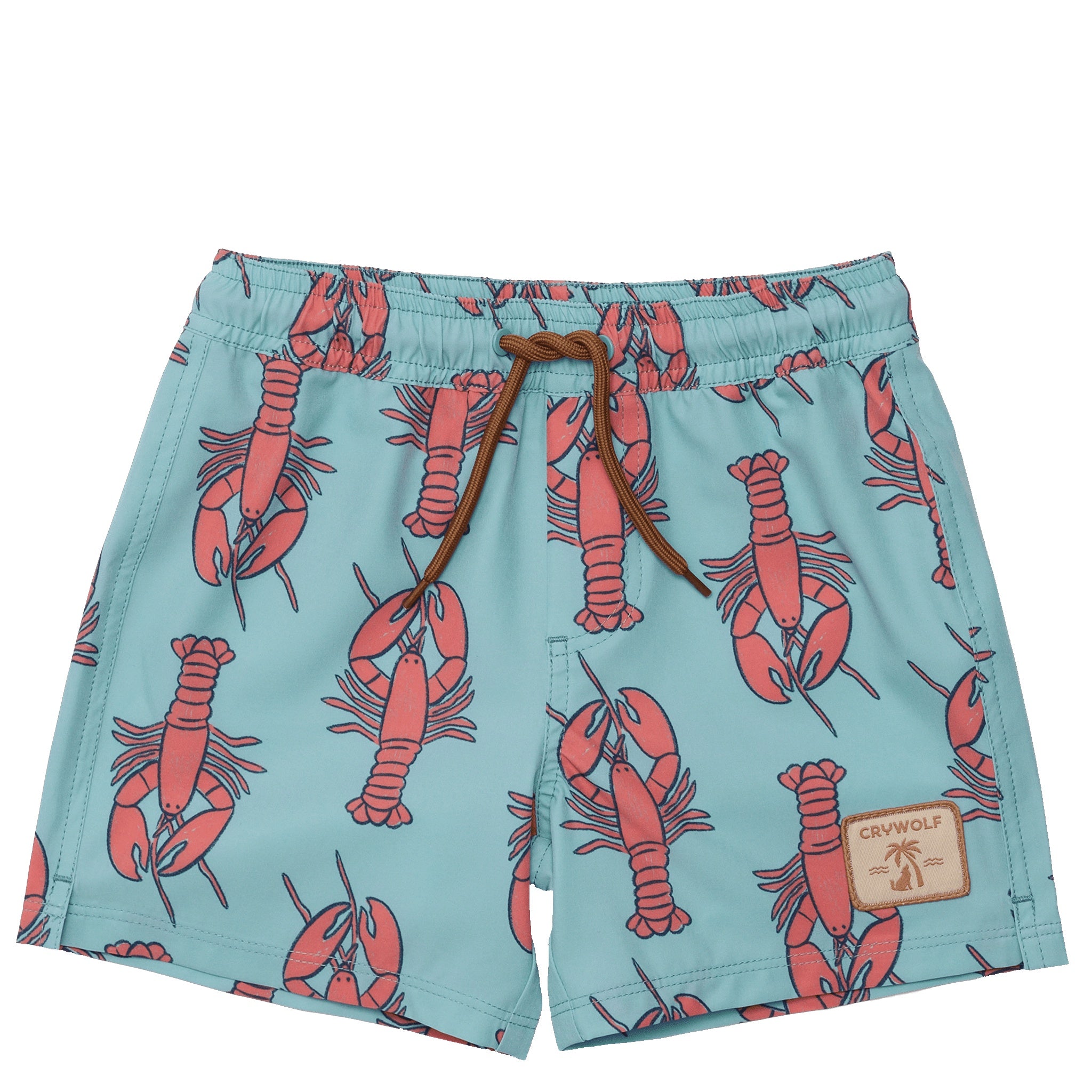 Teal shorts with red lobster pattern on a white background
