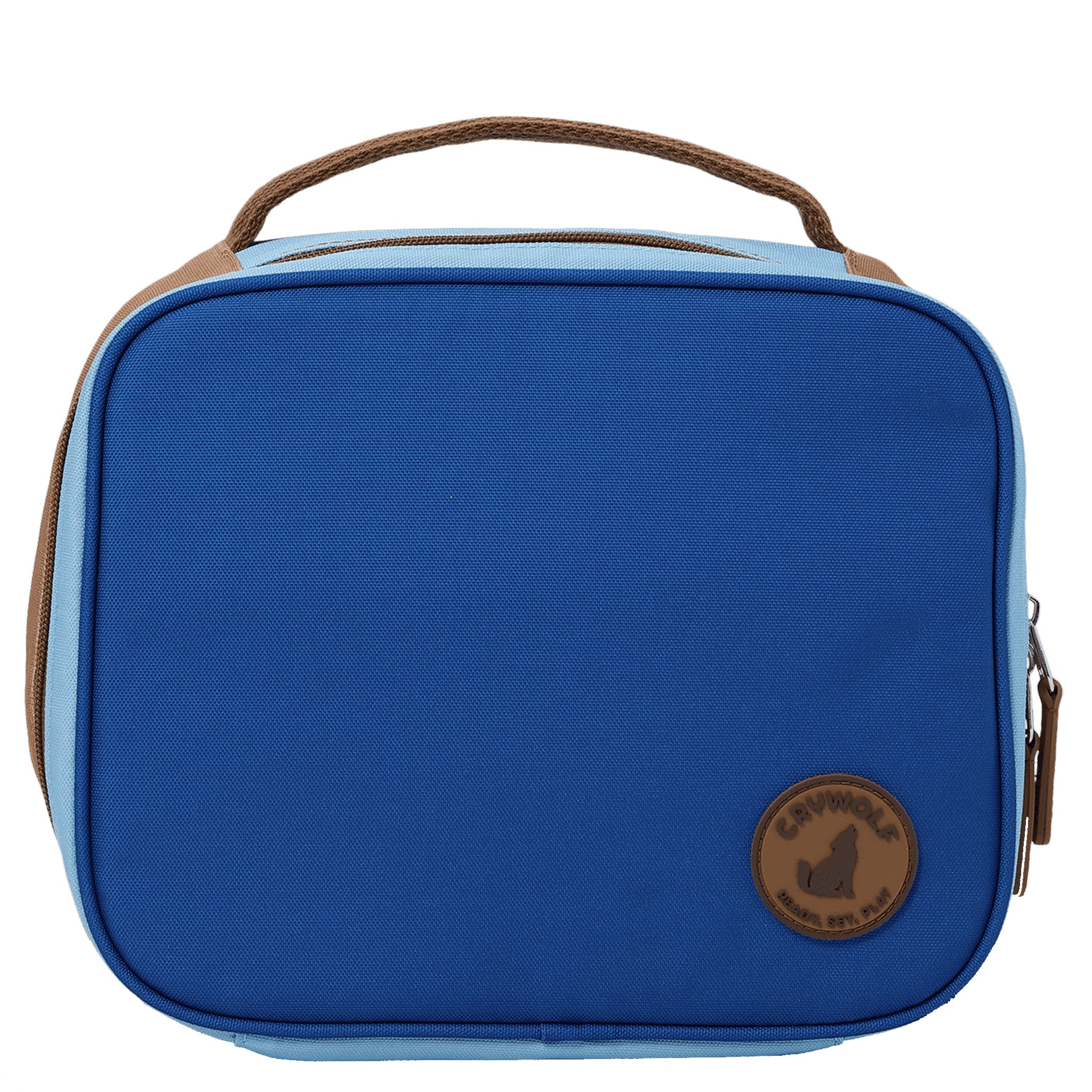 Blue rectangular lunch bag with brown handle and logo on a white background