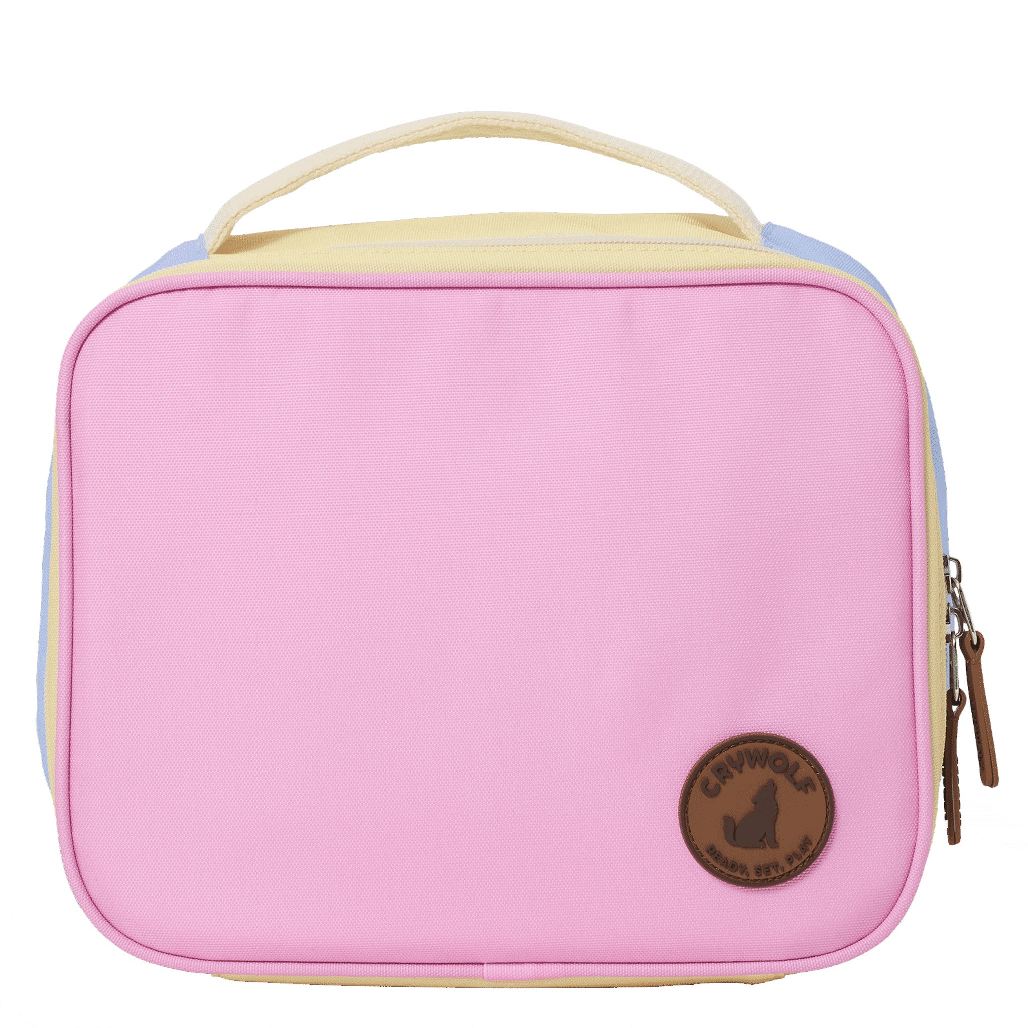 Pink rectangular lunch bag with a handle and visible brand logo on a white background