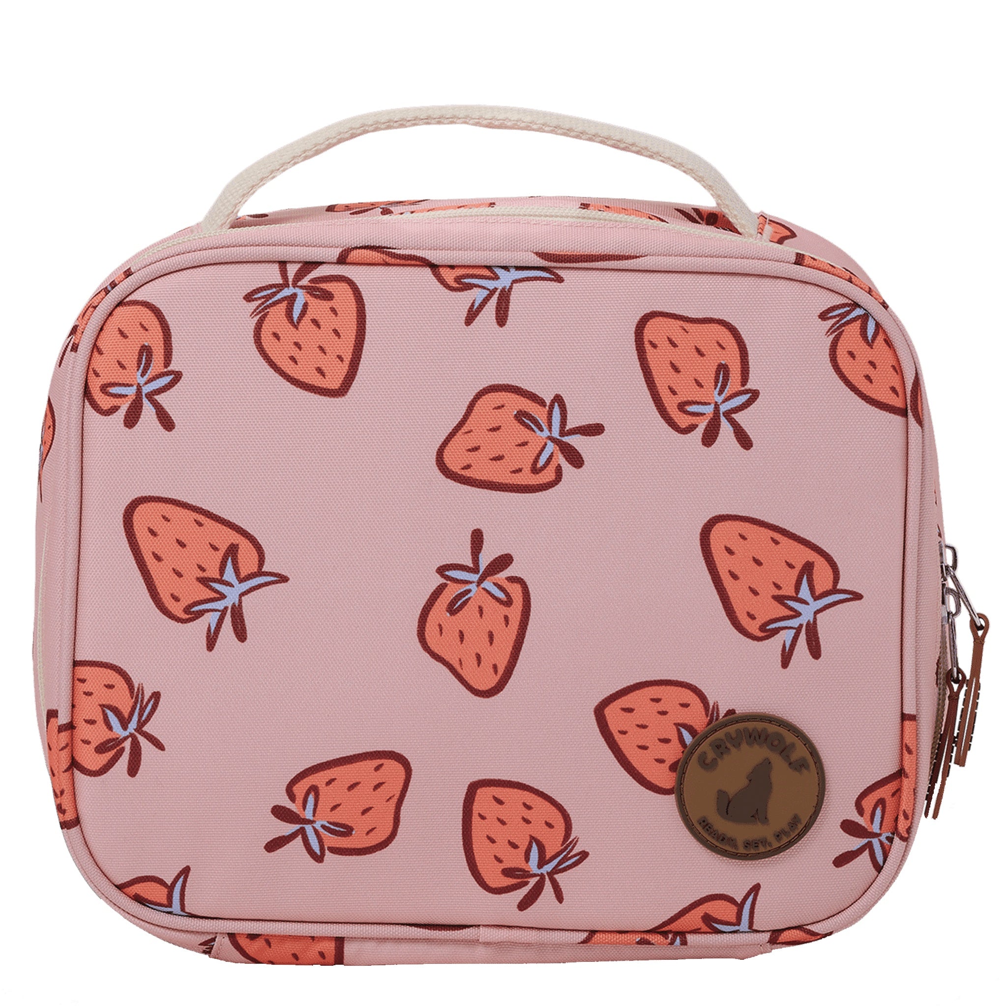 Pink rectangular lunch bag with strawberry pattern on a white background