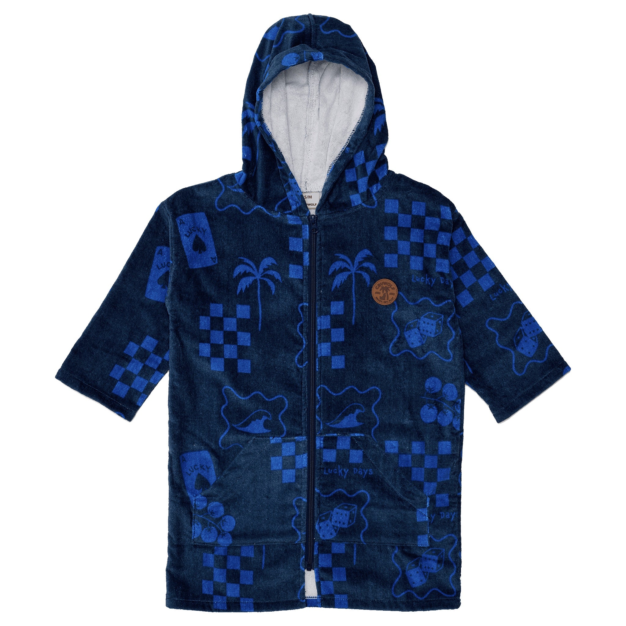 Dark blue children's zip up towel on a white background