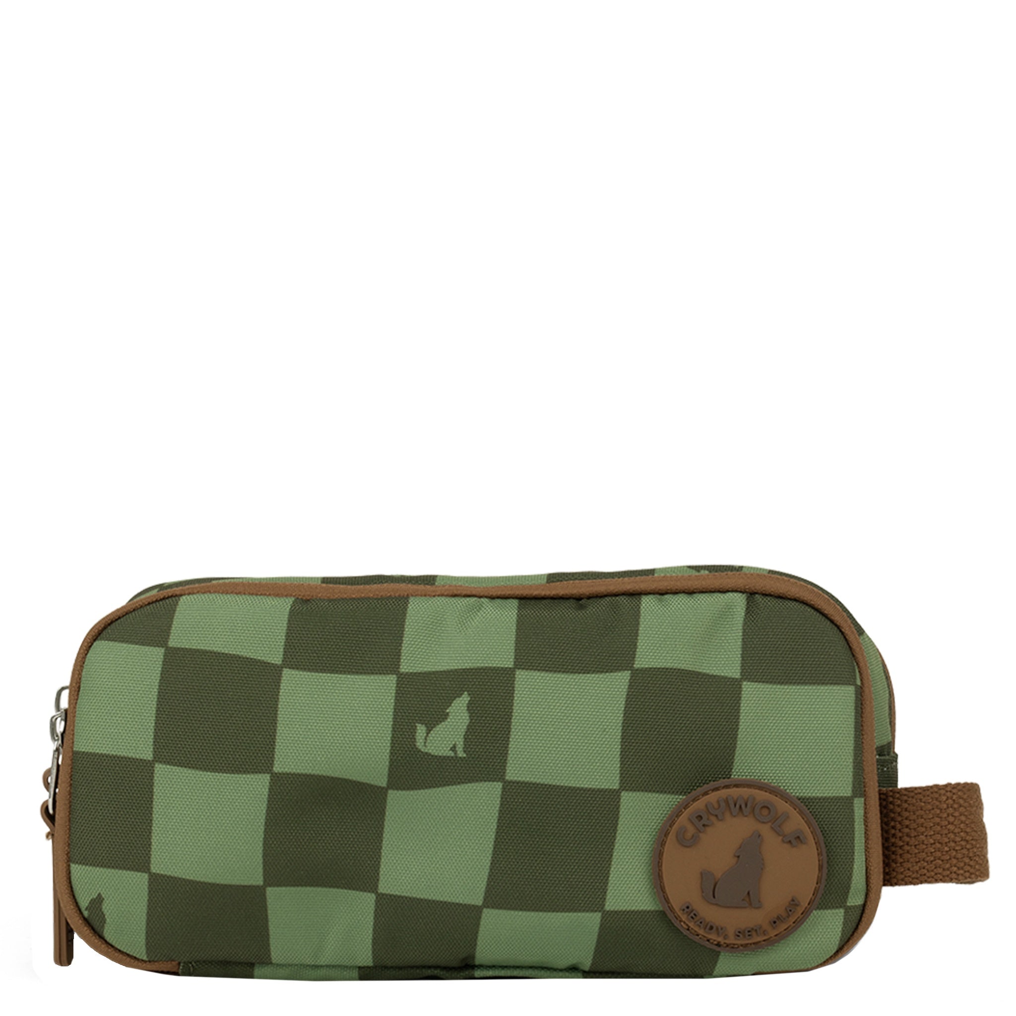 Green checkered pencil case with a brown leather patch on a white background