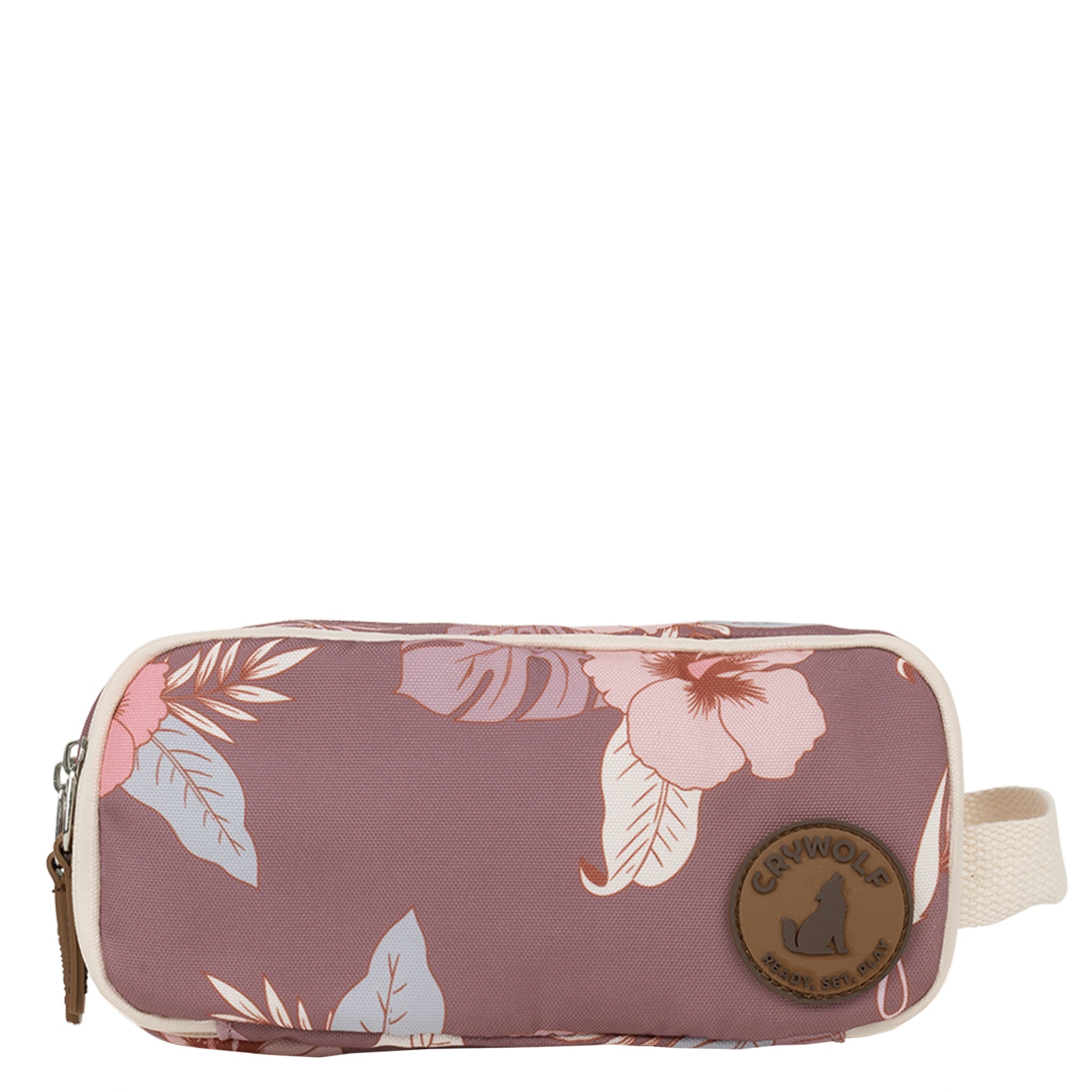 Floral-patterned pencil case with a visible brand logo on a white background