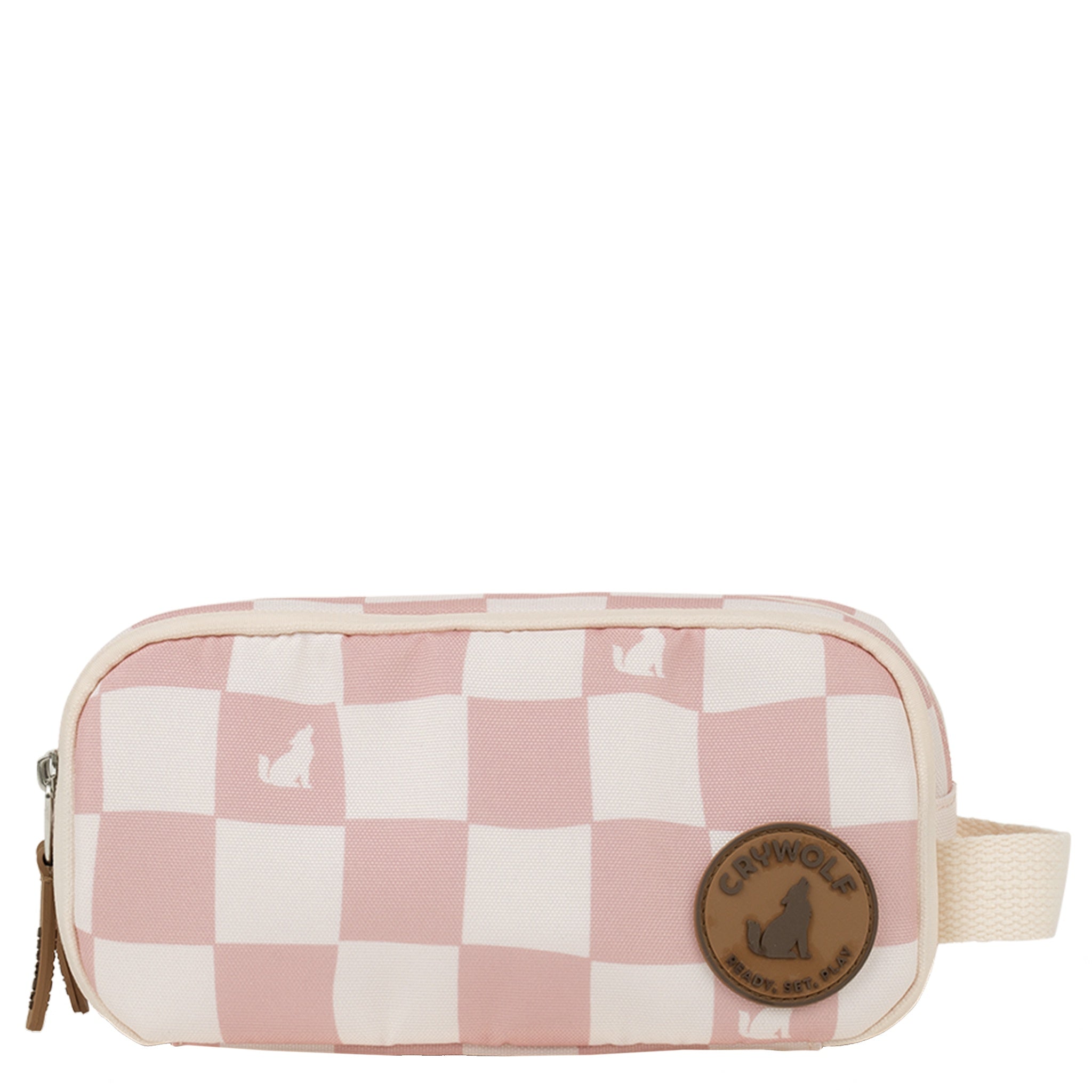 Checkered pencil case with a brand logo on a white background