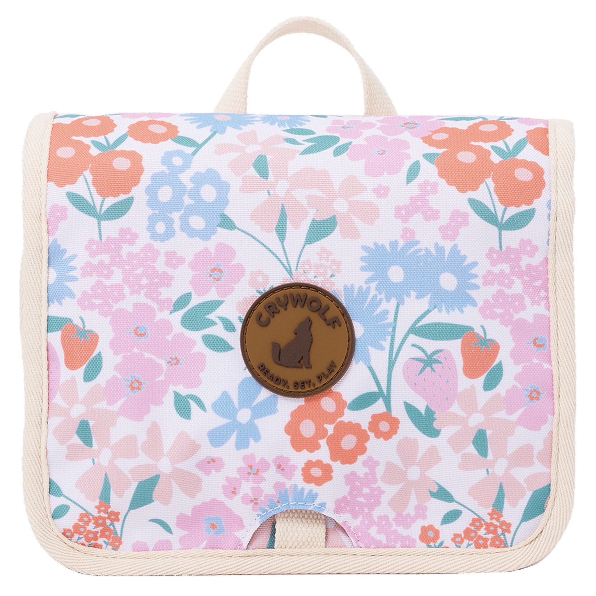 Floral-patterned child's toiletry bag with a visible brand logo on a white background