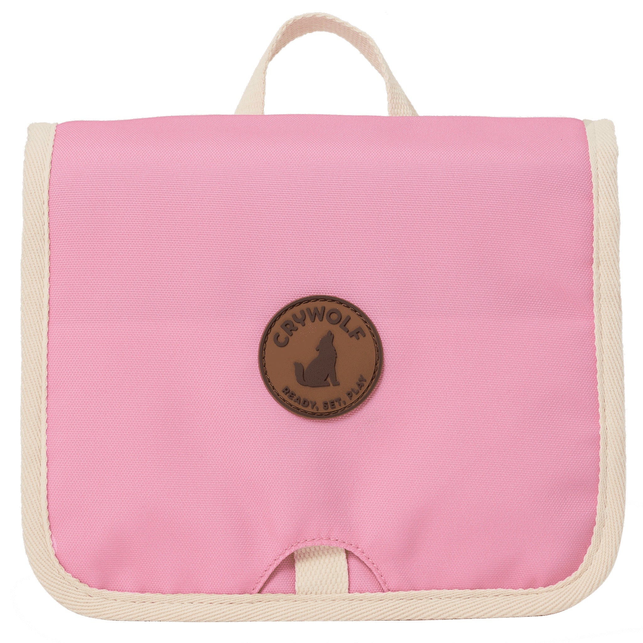 Pink child's toiletry bag with a Crywolf logo on a white background