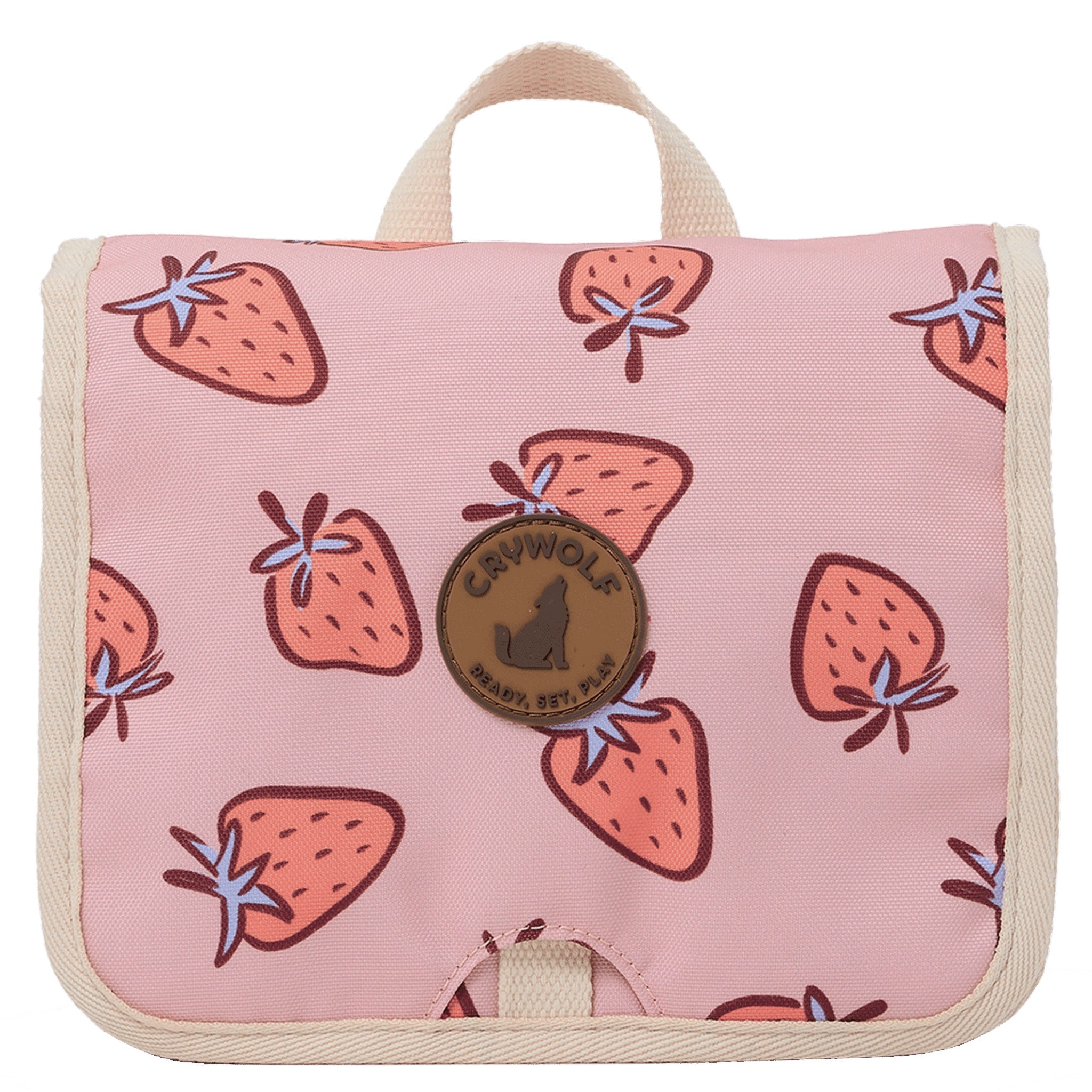 Pink pouch with strawberry pattern and Crumbl logo on a white background