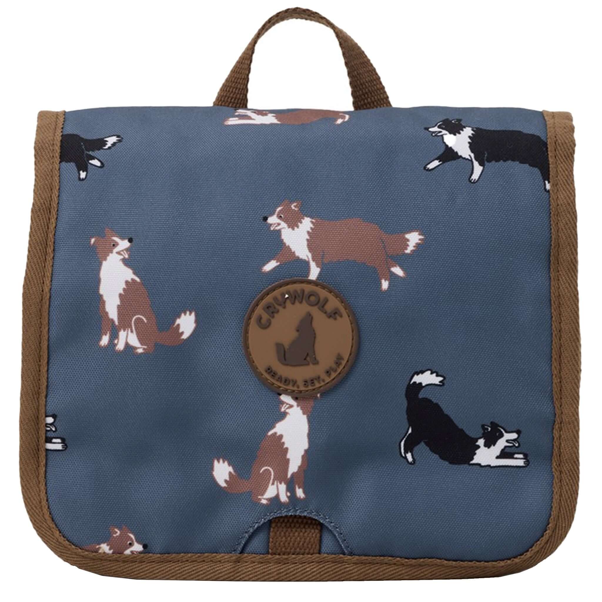 Alt Tag: Crywolf Hanging Toiletry Bag - Collies kids hanging toiletry bag with Collie dog print, travel organiser with carry handle
