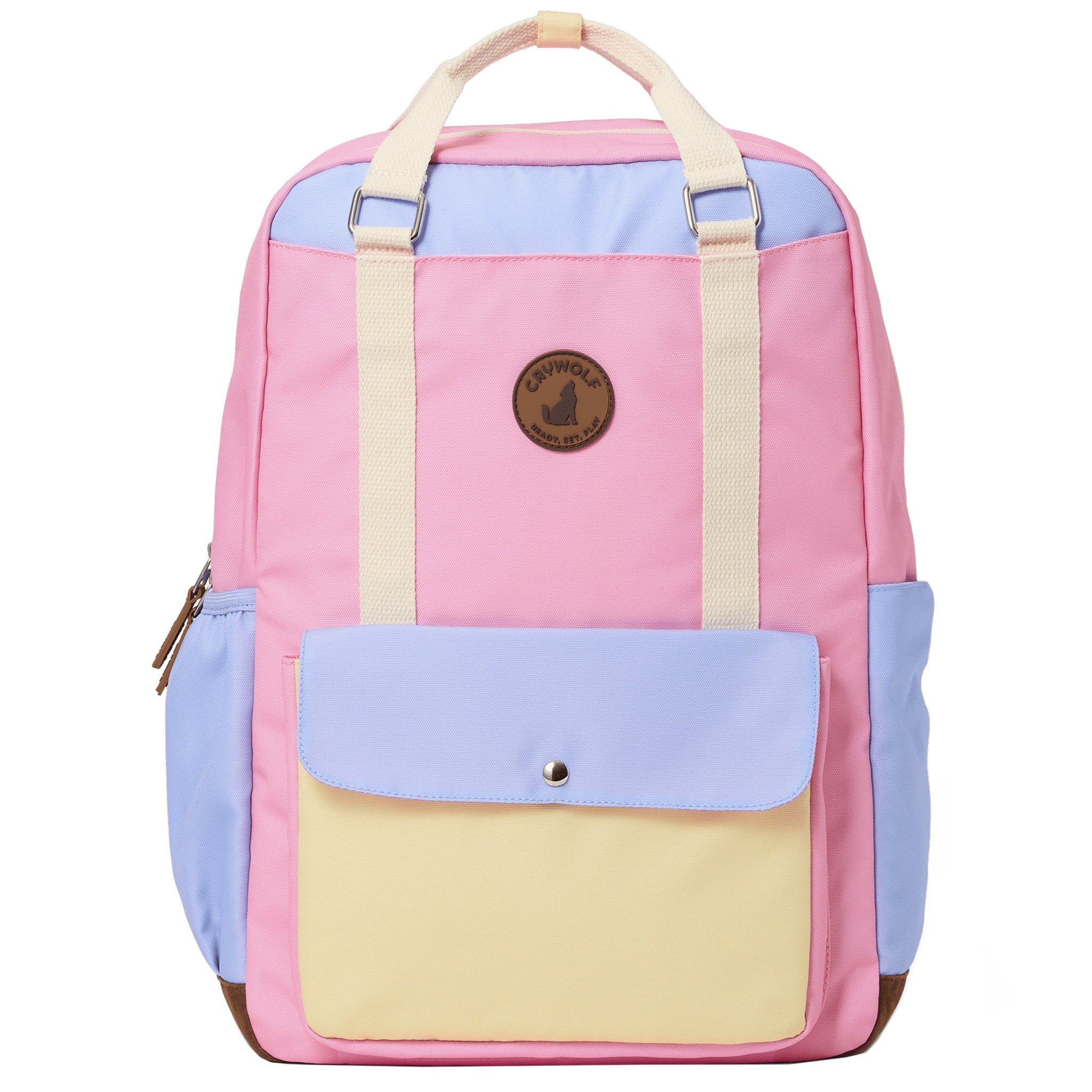 Multicolored backpack with a visible brand logo on a white background