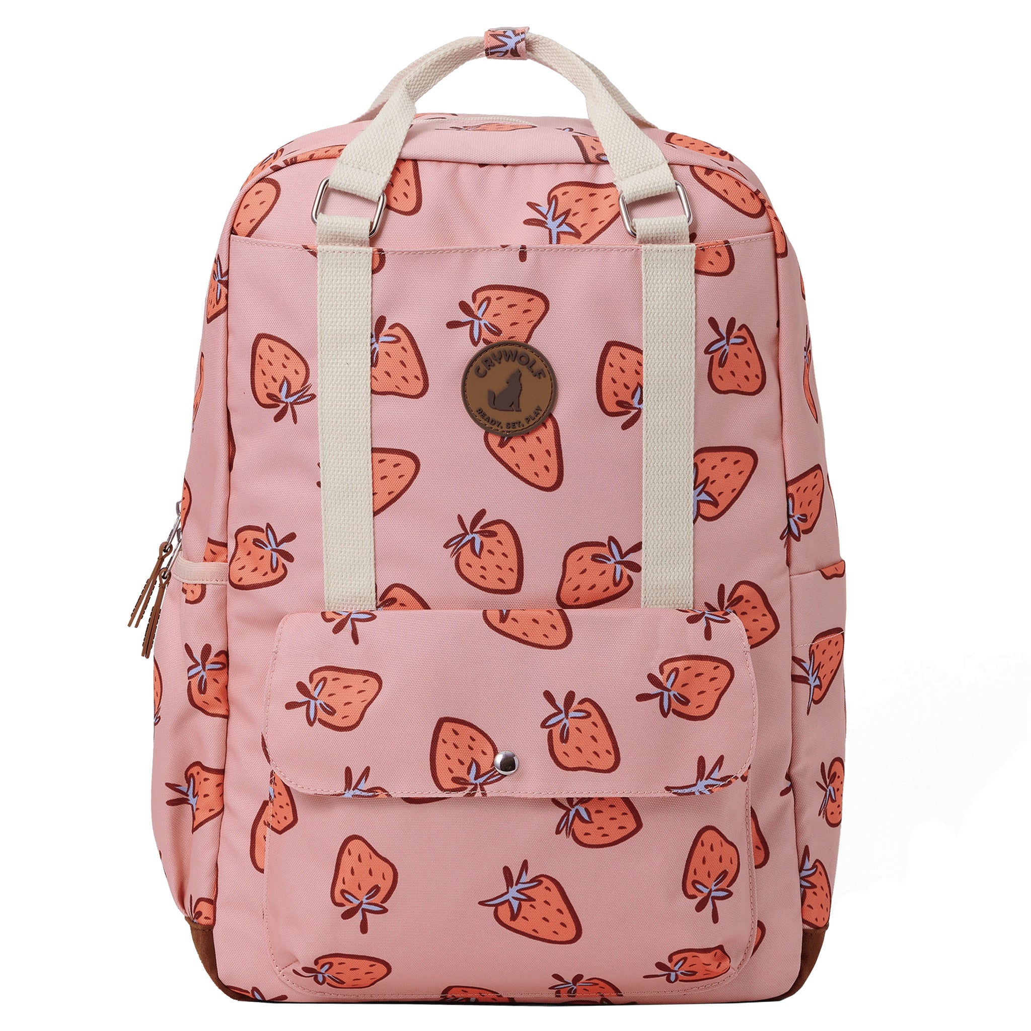 Pink backpack with strawberry pattern on a white background