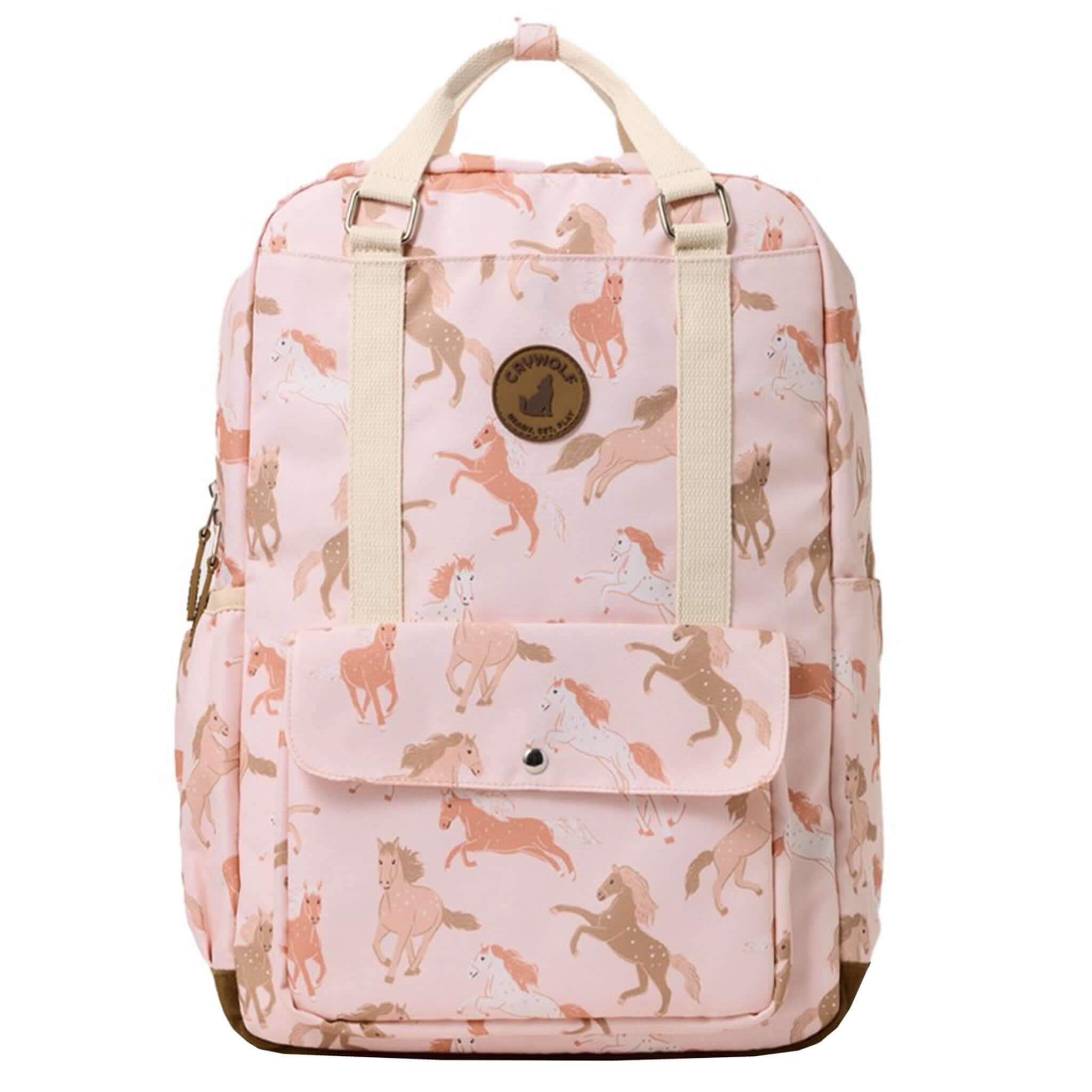 Alt Tag: Crywolf Knapsack - Blush Ponies kids water-resistant backpack in blush pink pony print with front pocket