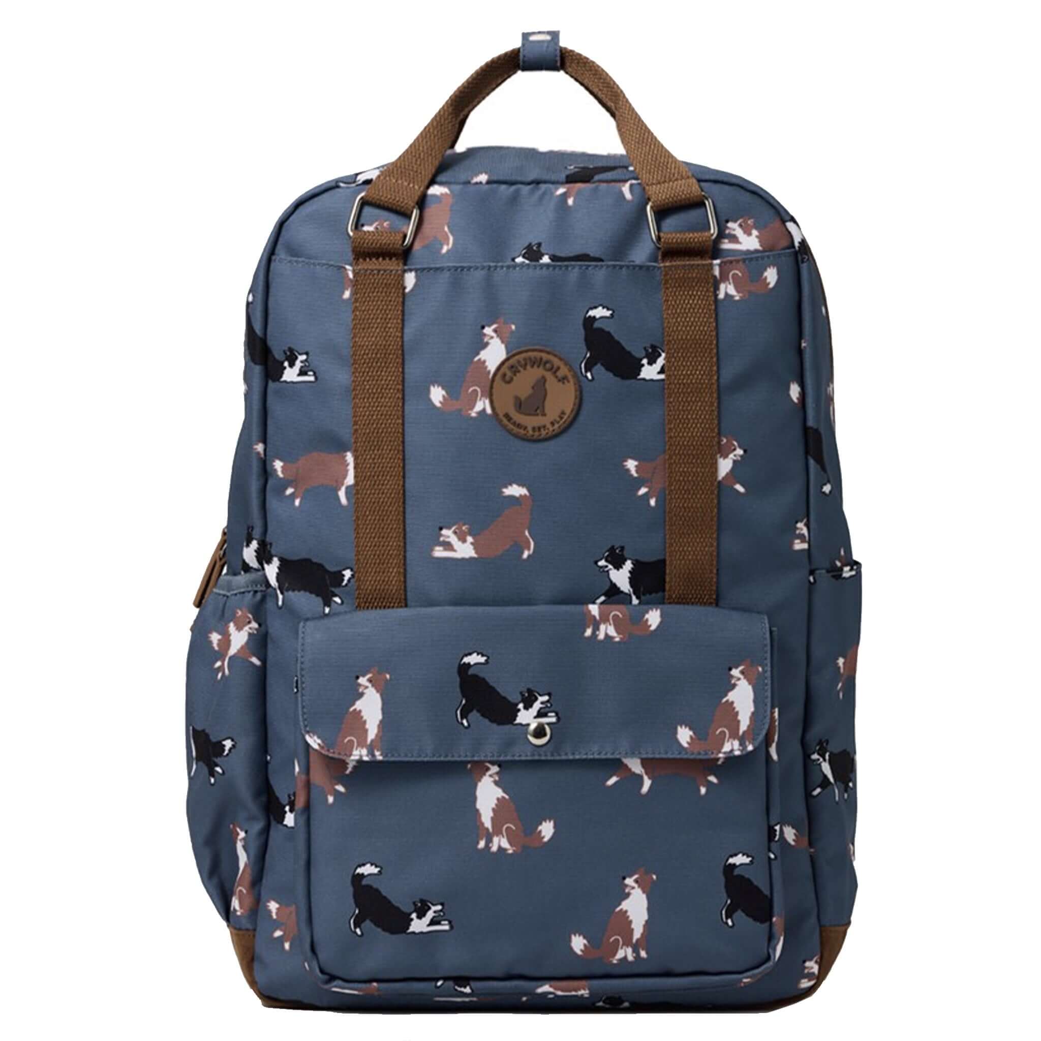 Alt Tag: Crywolf Knapsack - Collies water-resistant recycled kids backpack with collie dog print, spacious school travel bag