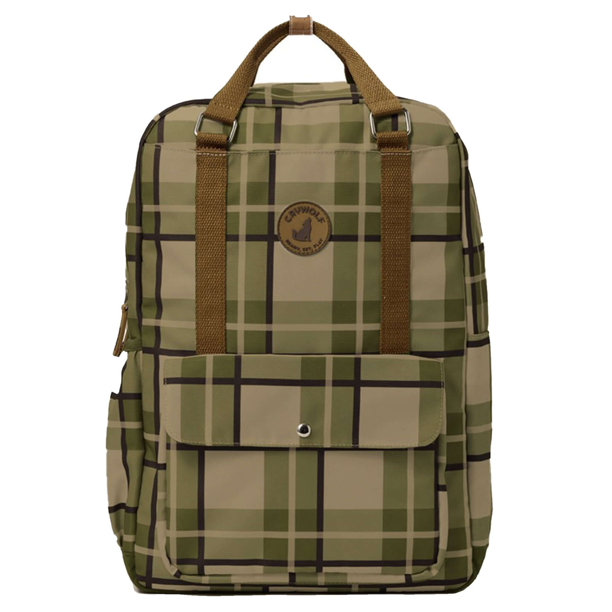 Alt Tag: Crywolf Knapsack - Field Plaid kids water-resistant backpack with front pocket, plaid print, and sturdy carry handles