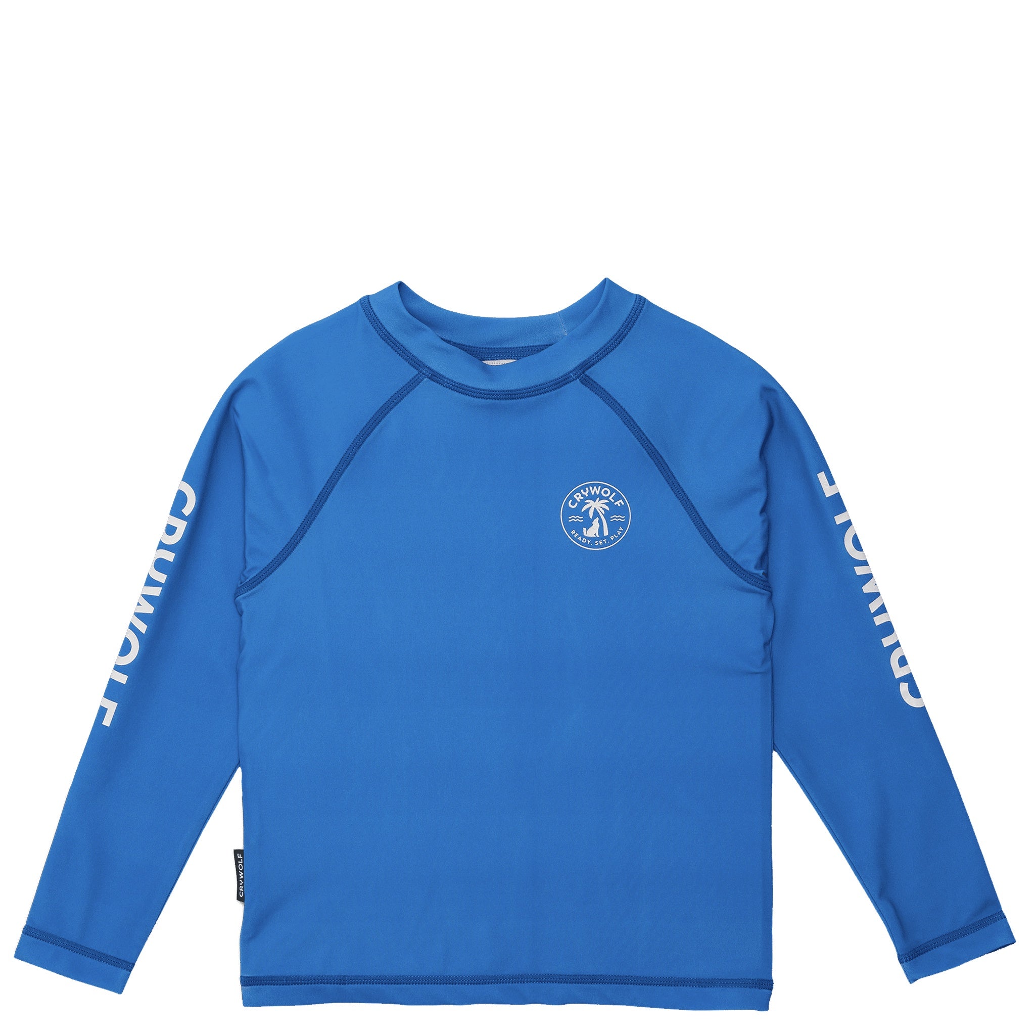 Blue long-sleeve rash vest with a logo and text on a white background