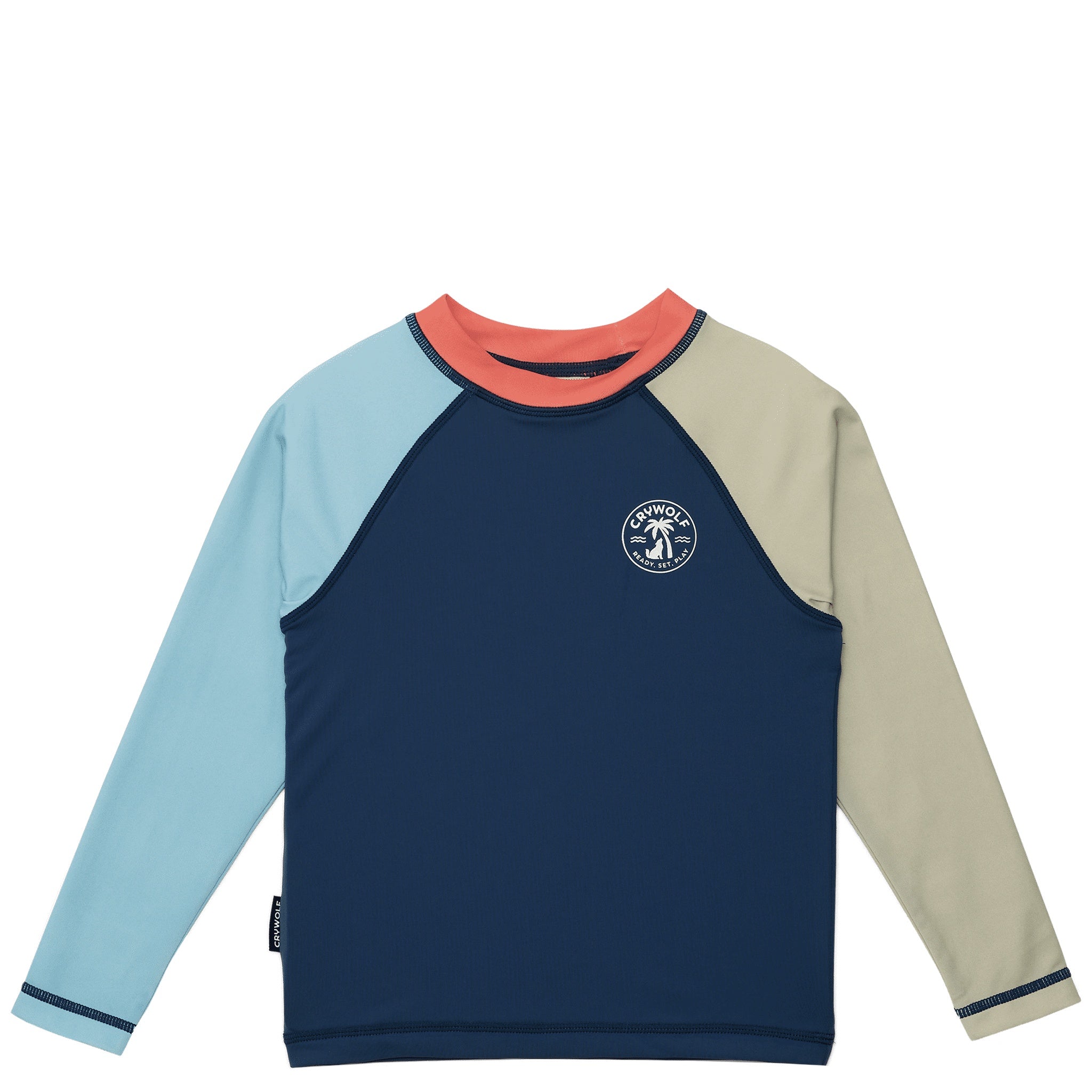 Color-blocked long-sleeve shirt with a logo on a white background
