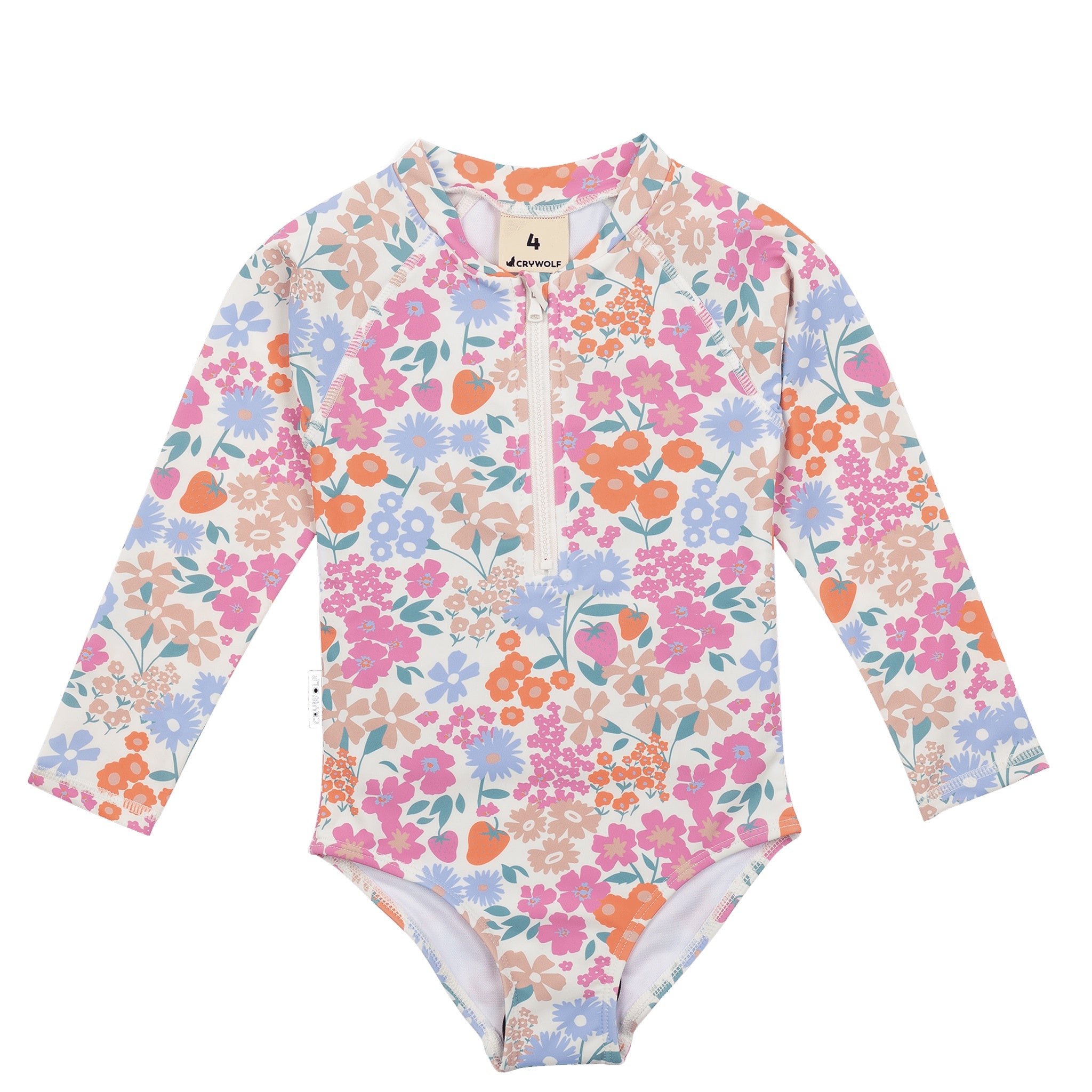 Floral patterned swimsuit with long sleeves on a white background