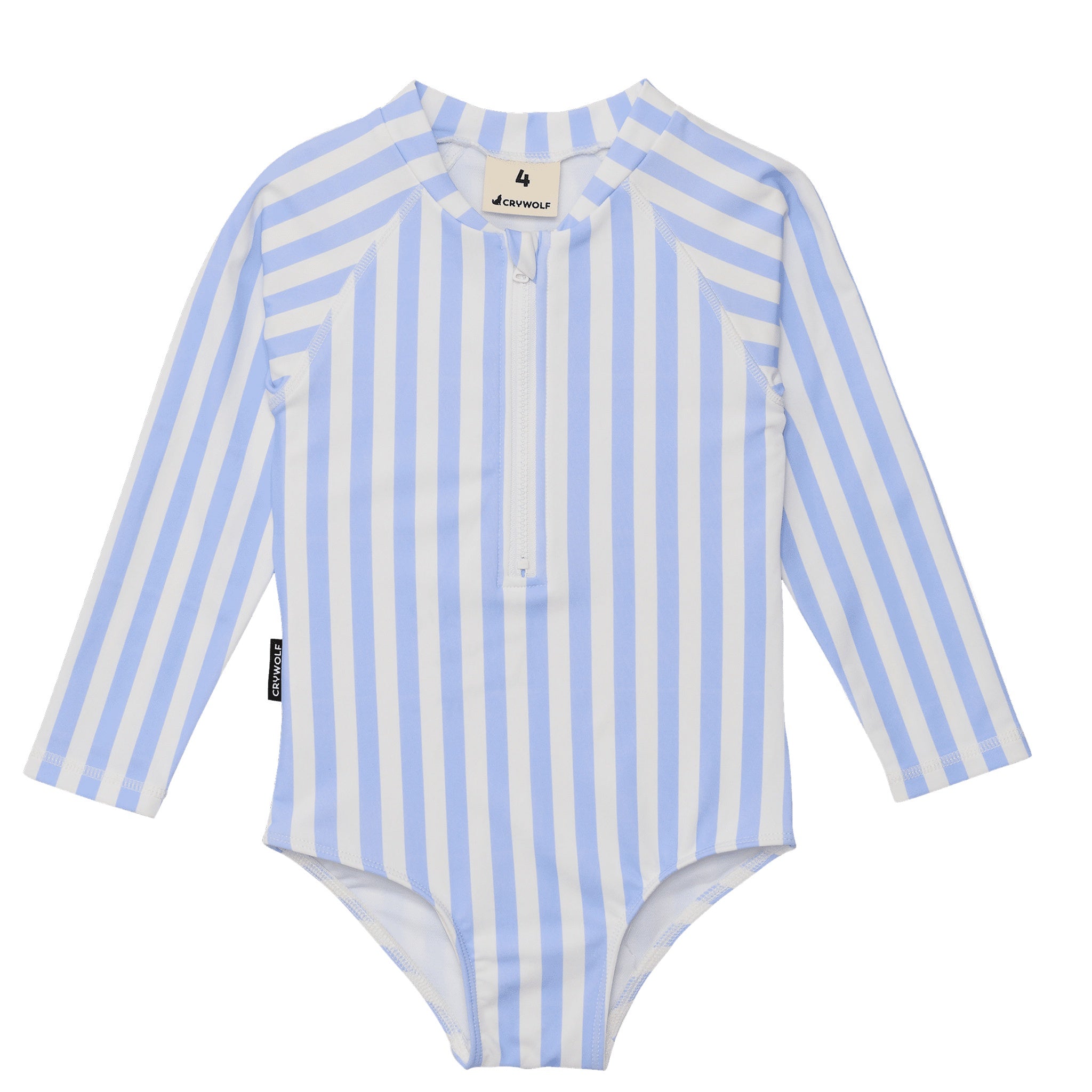 Blue and white striped swimsuit with long sleeves on a white background