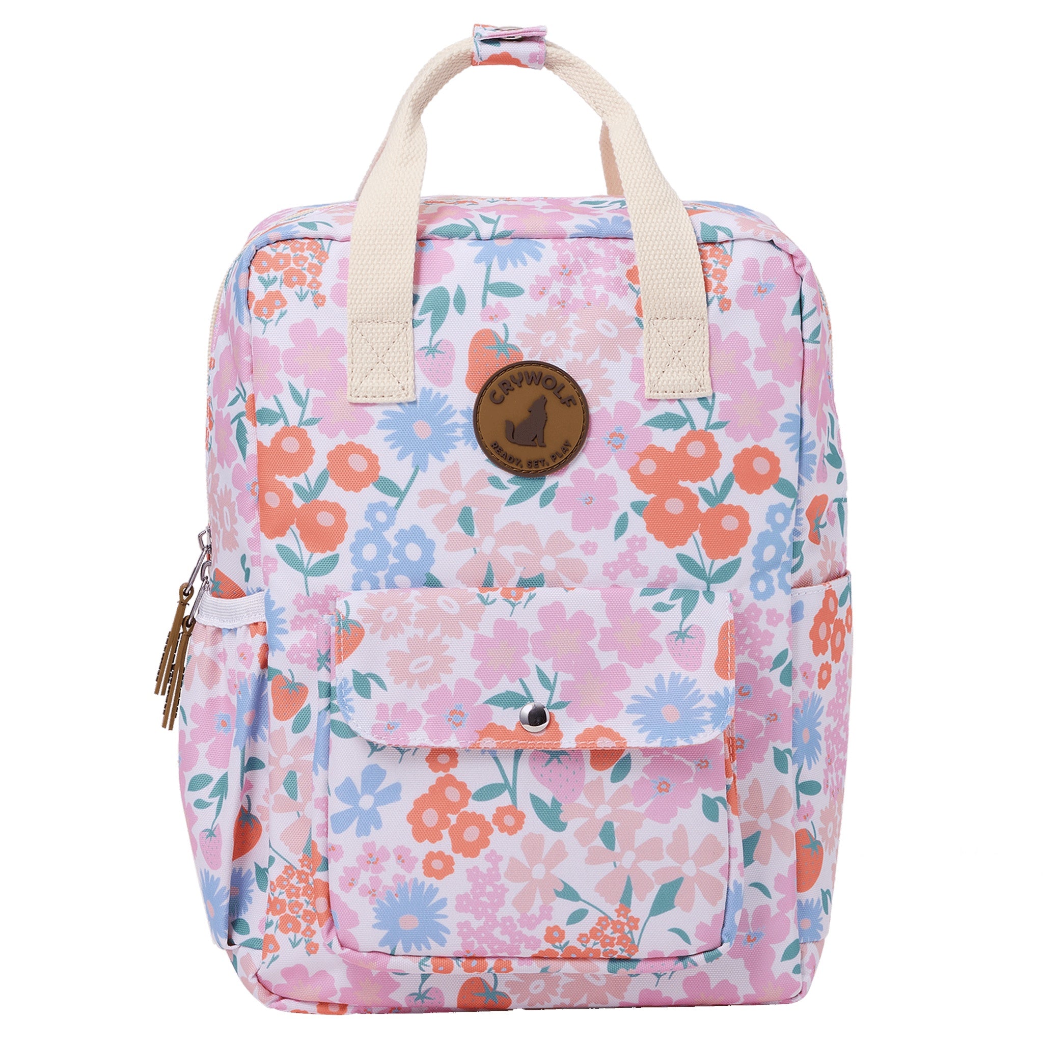 Floral patterned backpack with a visible brand logo on a white background