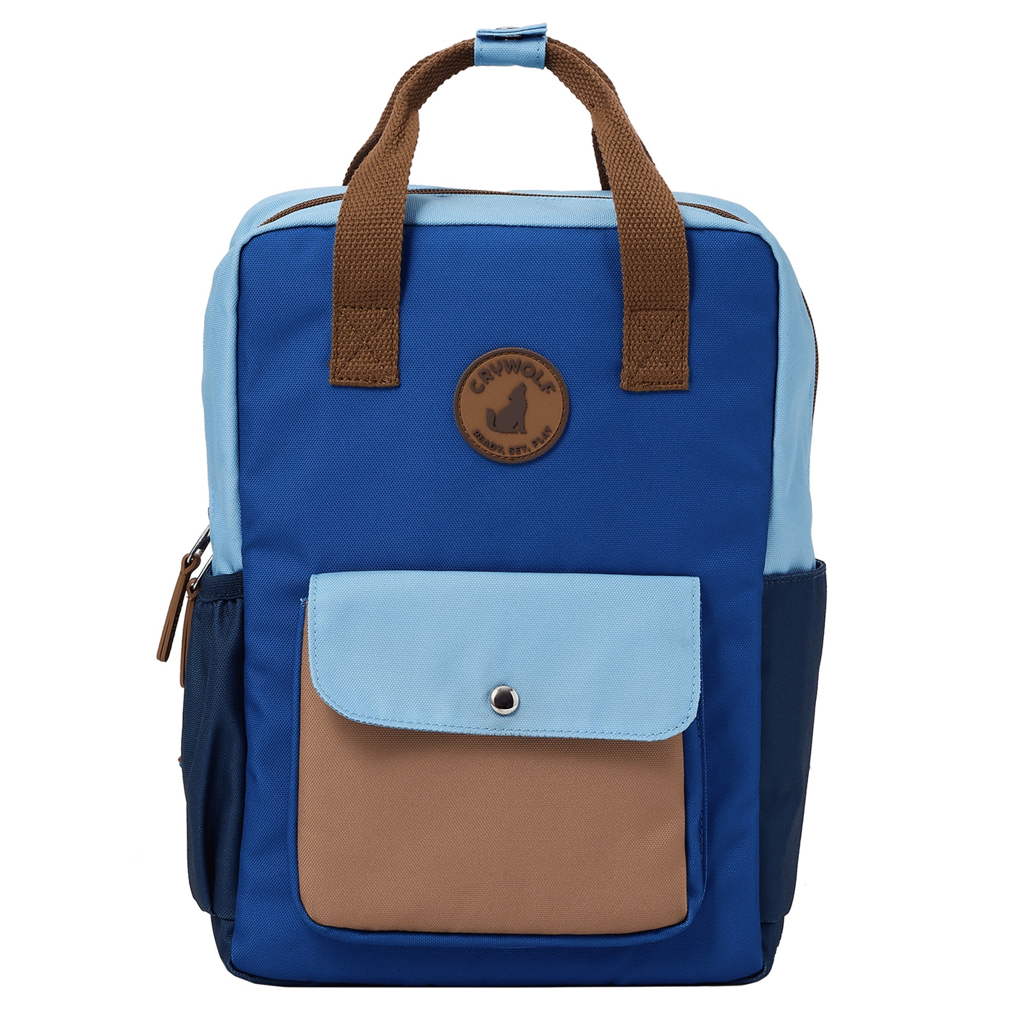 Blue and brown backpack with a visible brand logo on a white background