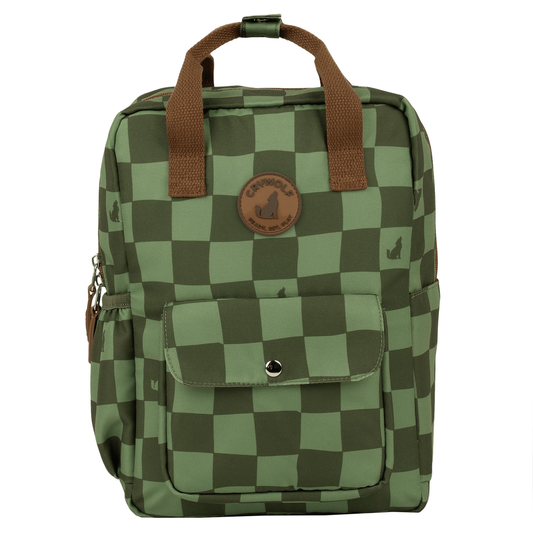 Green checkered backpack with brown straps on a white background