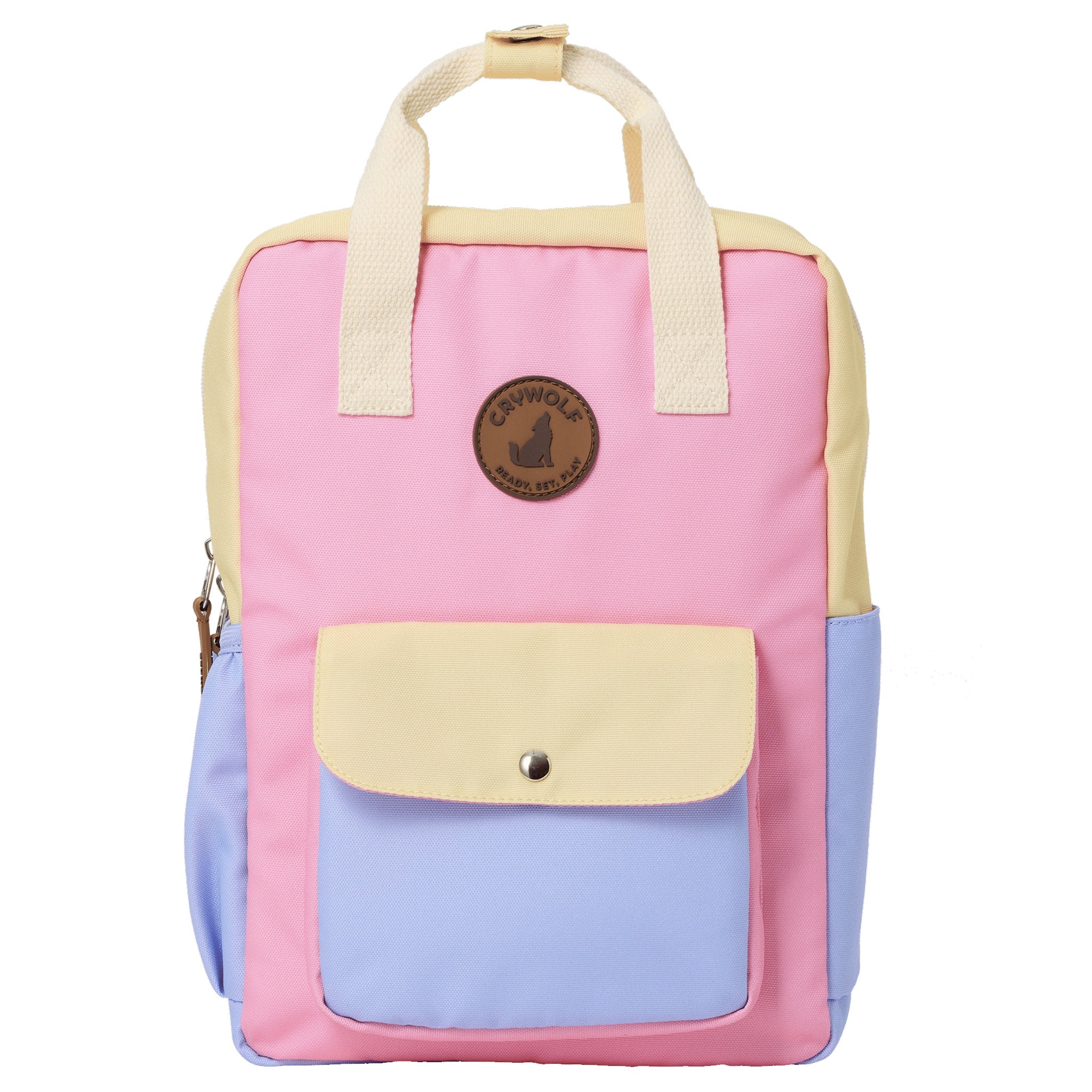 Pink and purple backpack with beige accents on a white background