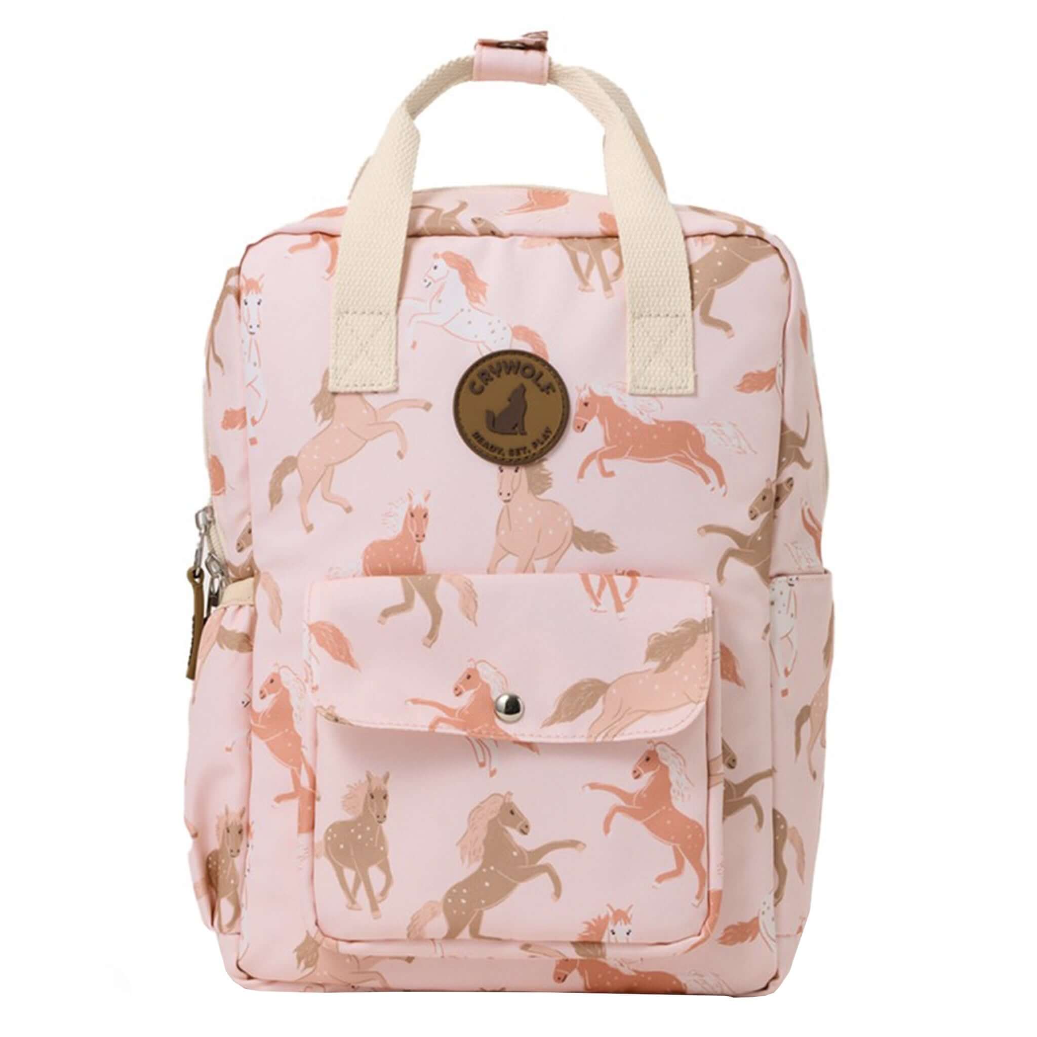 Alt Tag: Crywolf Mini Backpack - Blush Ponies kids 9L backpack, blush pony print, recycled water-resistant mini bag with front pocket