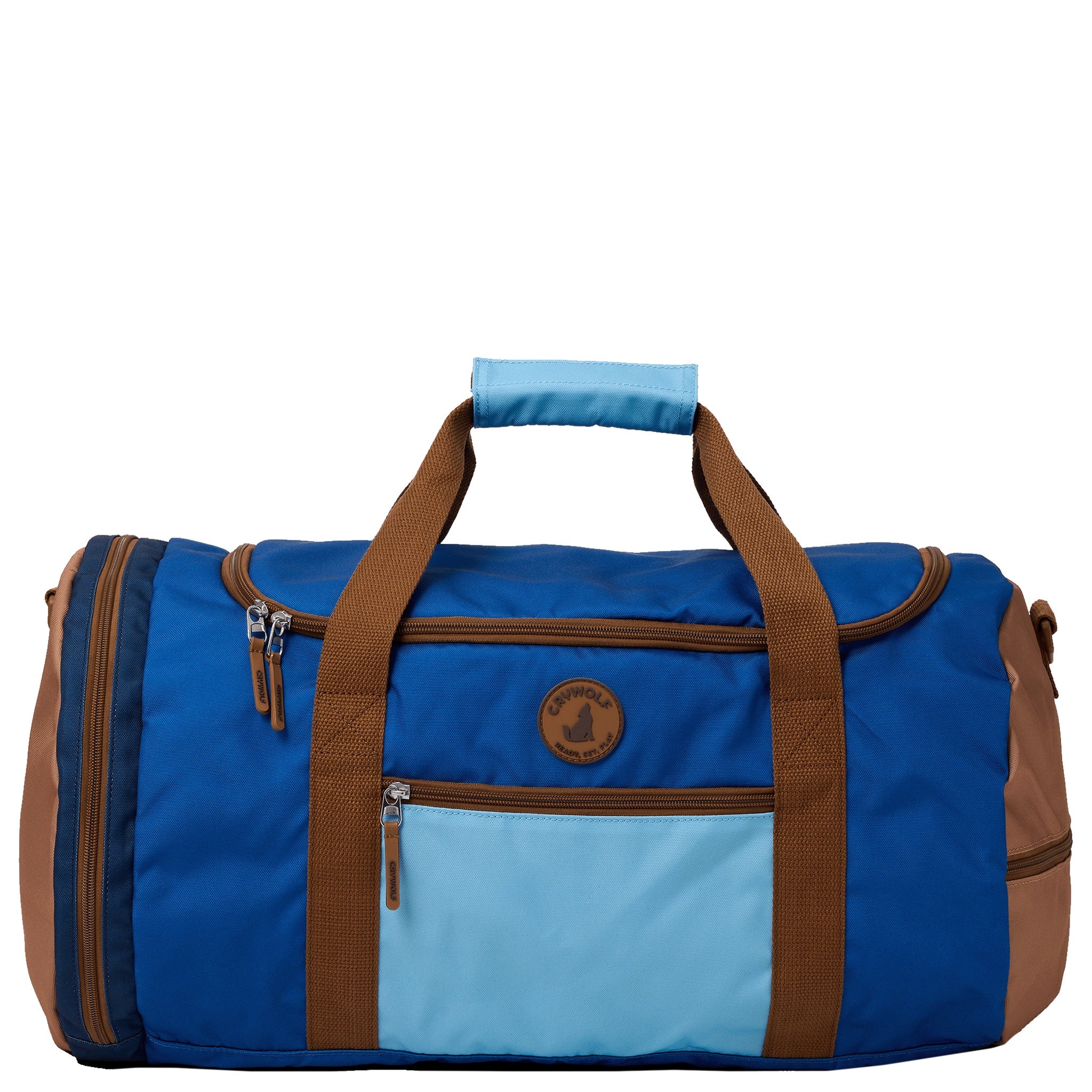 Blue and brown duffel bag with a visible brand logo on a white background