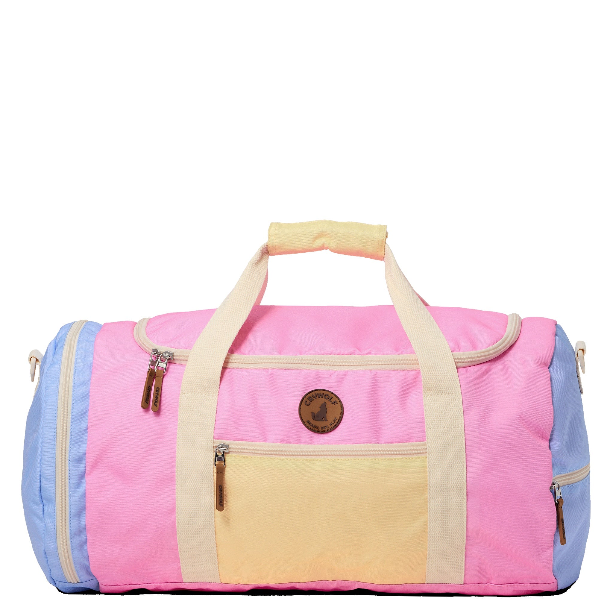 Multicolored duffel bag with a visible brand logo on a white background