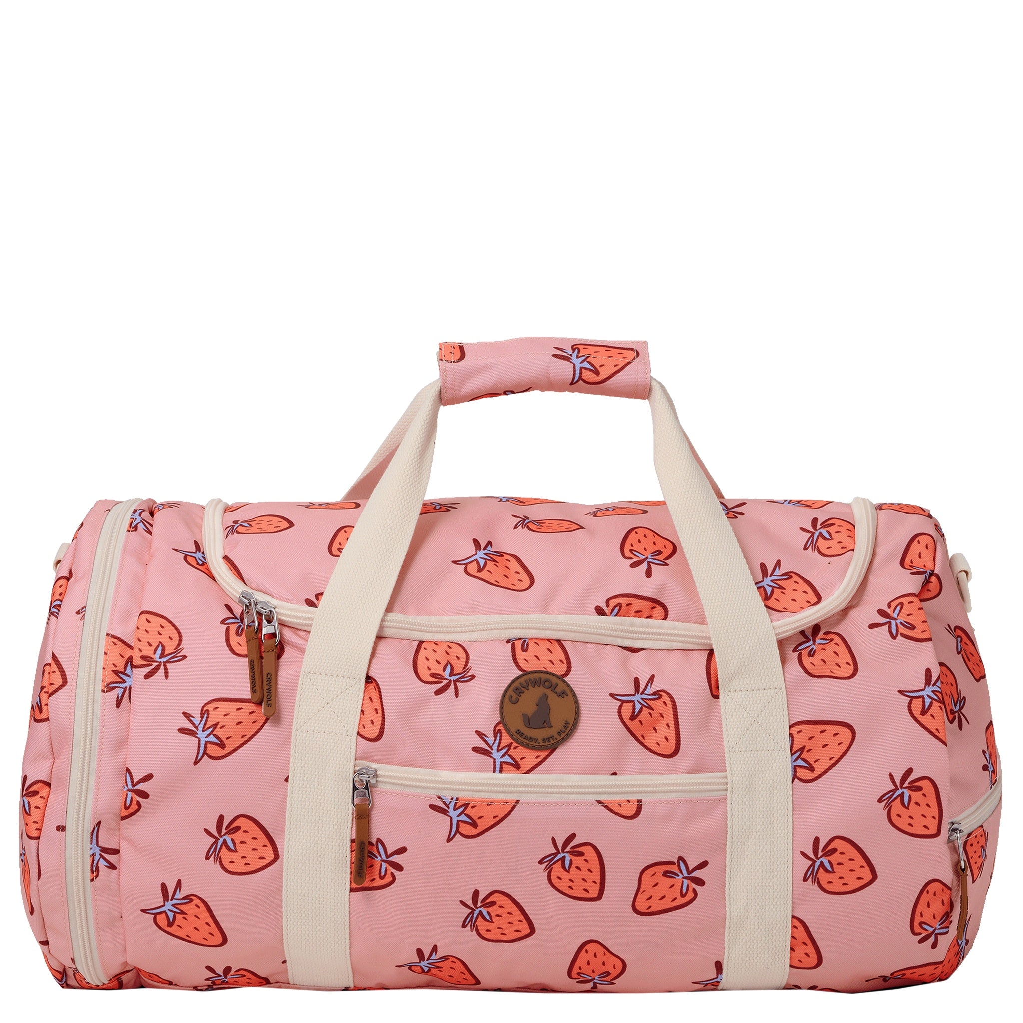 Pink duffel bag with strawberry pattern on a white background