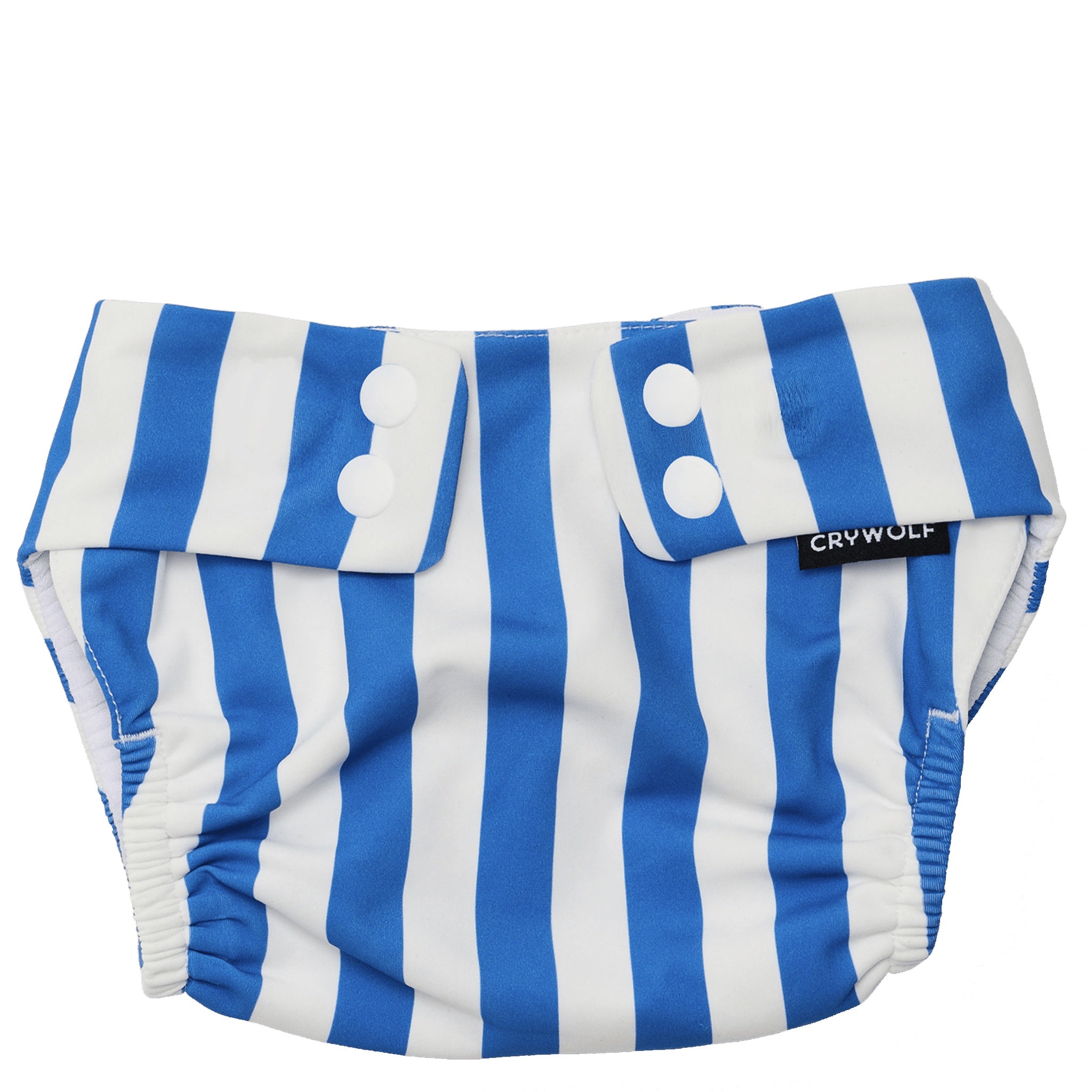 Blue and white striped swim nappy on a white background