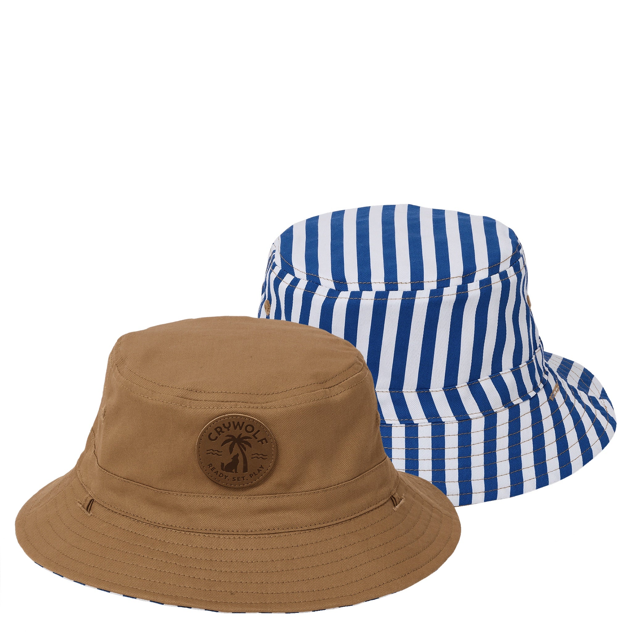 Brown bucket hat with a logo and blue and white striped bucket hat on a white background