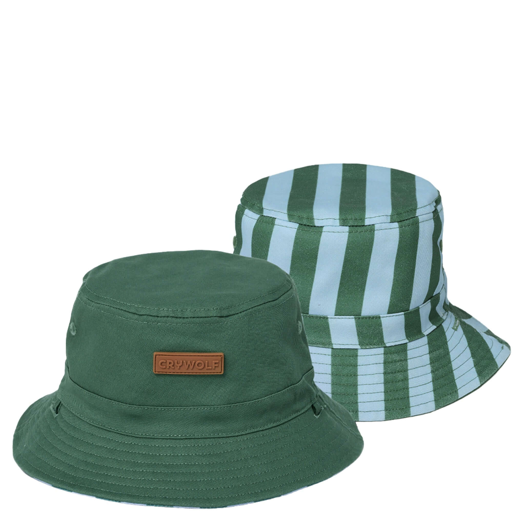 Crywolf Reversible Bucket Hat - Deck Stripe in green and striped designs, perfect summer sun protection for kids.