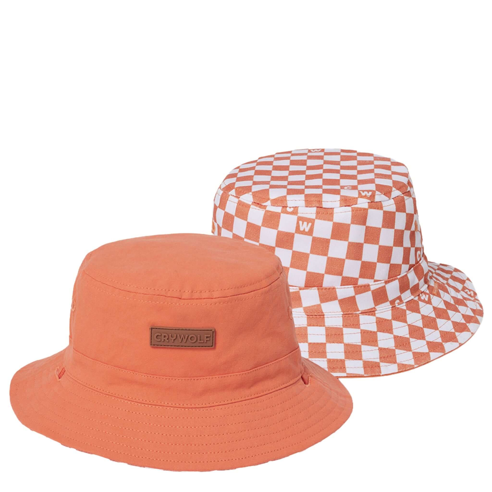 Crywolf Reversible Bucket Hat - Sunset Check showcasing orange and checkered designs, perfect for summer adventures.