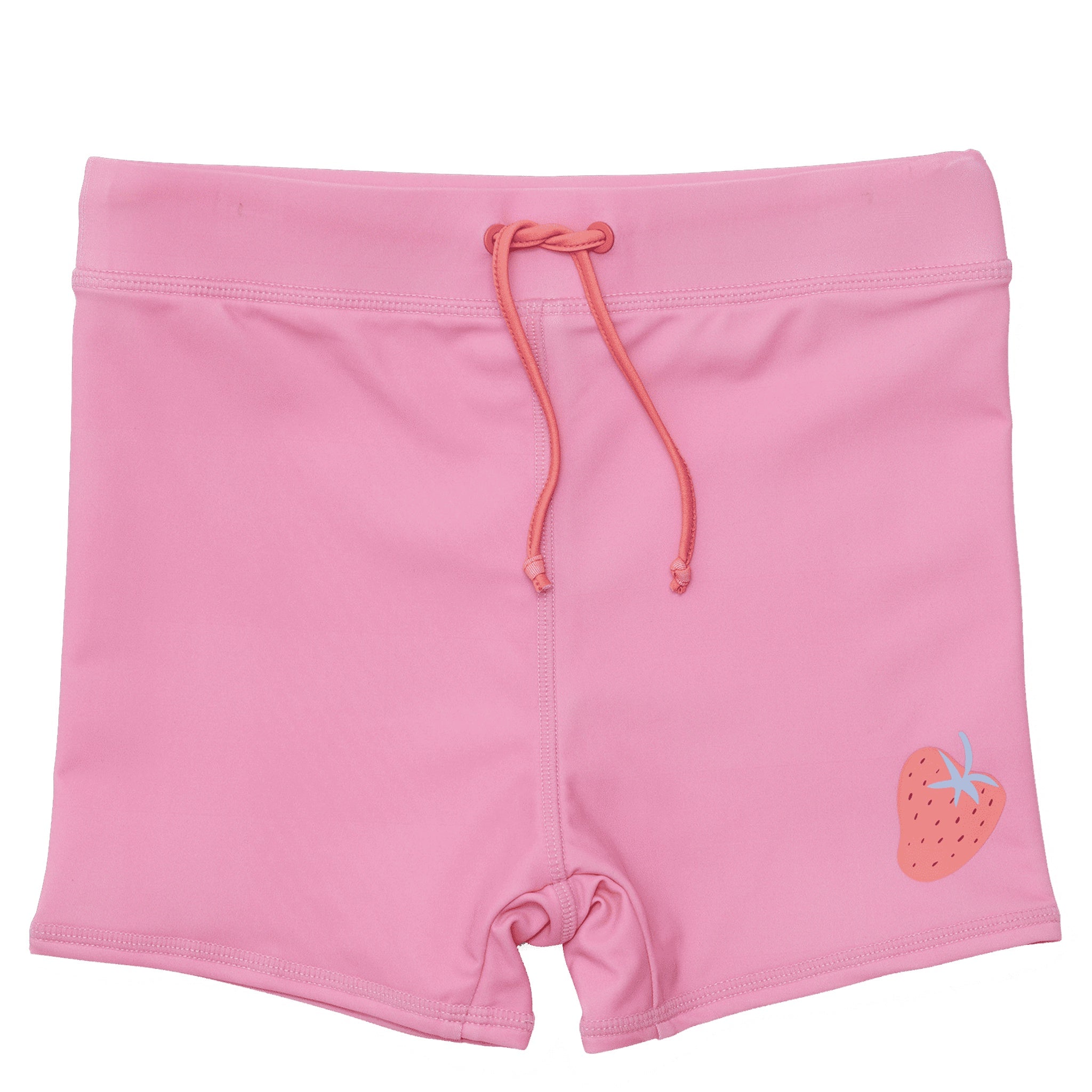 Pink swim shorts with a strawberry design on a white background