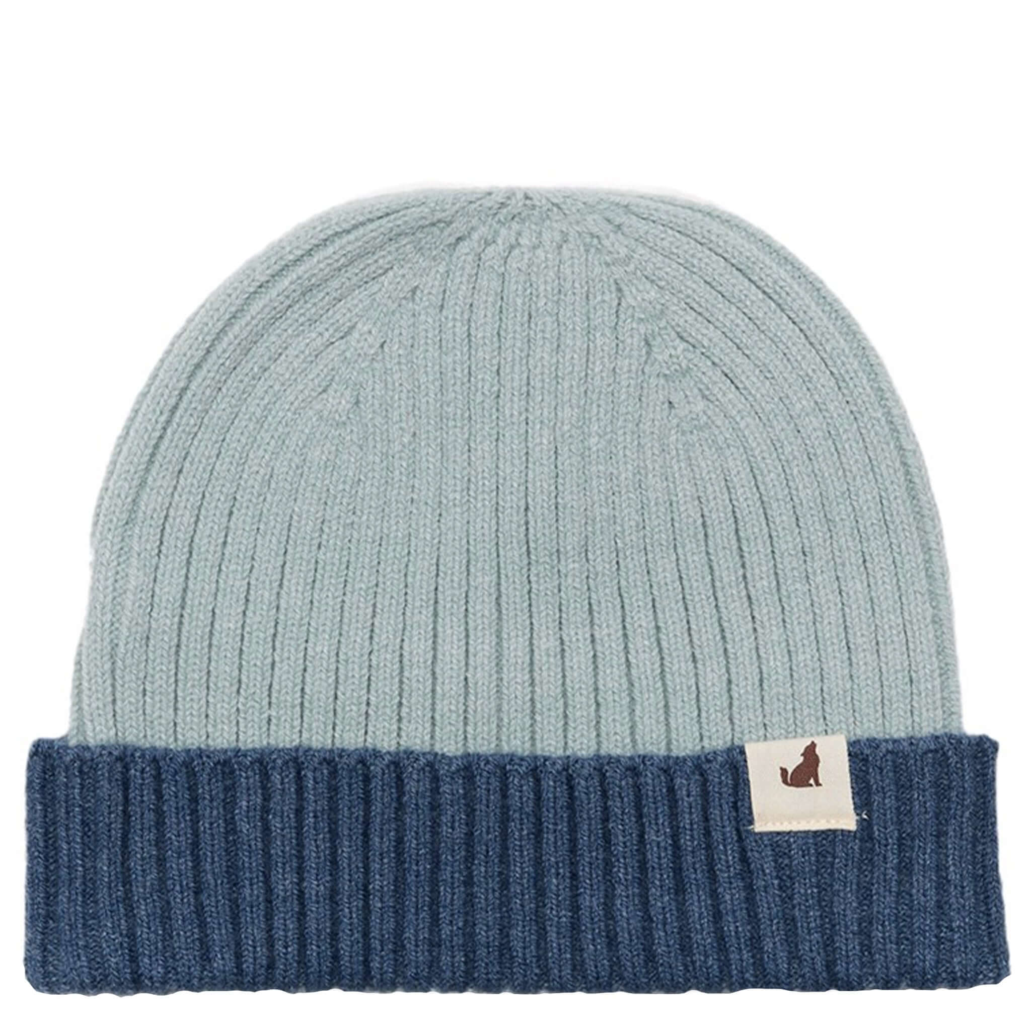Alt Tag: Crywolf Tasman Beanie - Blue slimline ribbed knit kids beanie, soft Polylana® recyclable fibre, colourblock cuff