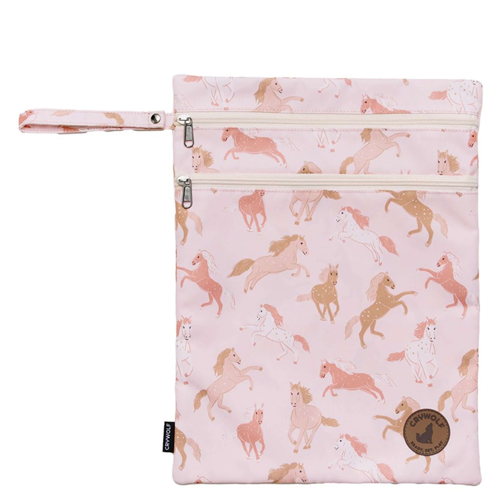 Alt Tag: Crywolf Wet Bag - Blush Ponies water-resistant recycled wet bag with dual zips, pony print, wrist strap for swimwear and nappies