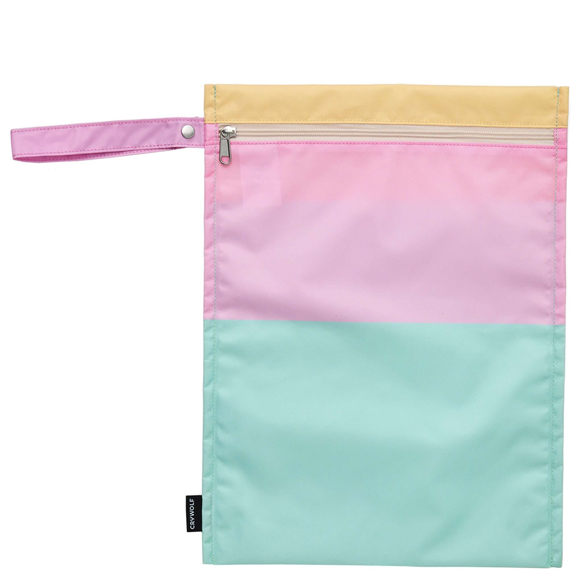 Crywolf Wet Bag - Poolside Colourblock in pink and mint green with zipper and handle.