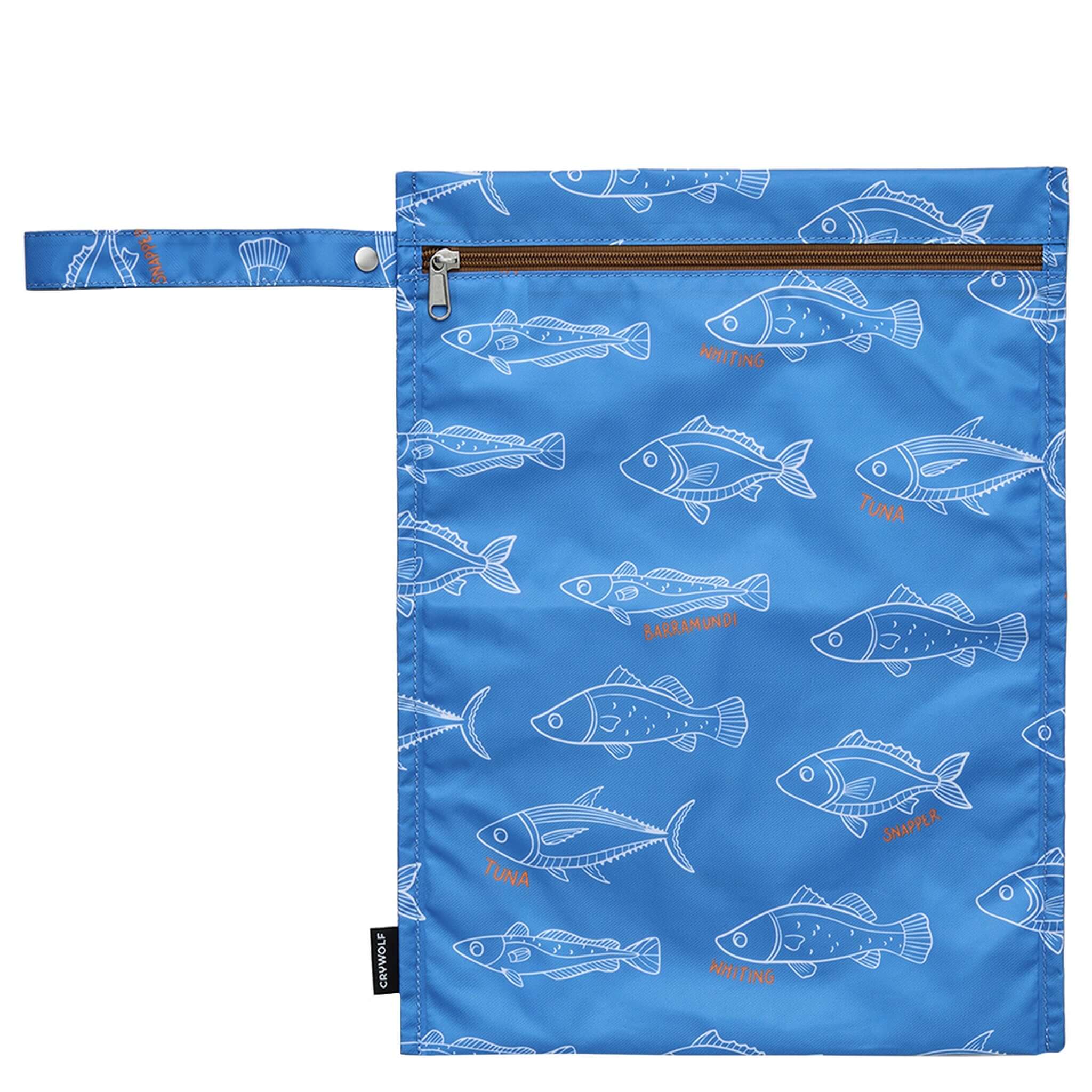 Crywolf Wet Bag - Saltwater design featuring blue background and fish illustrations.