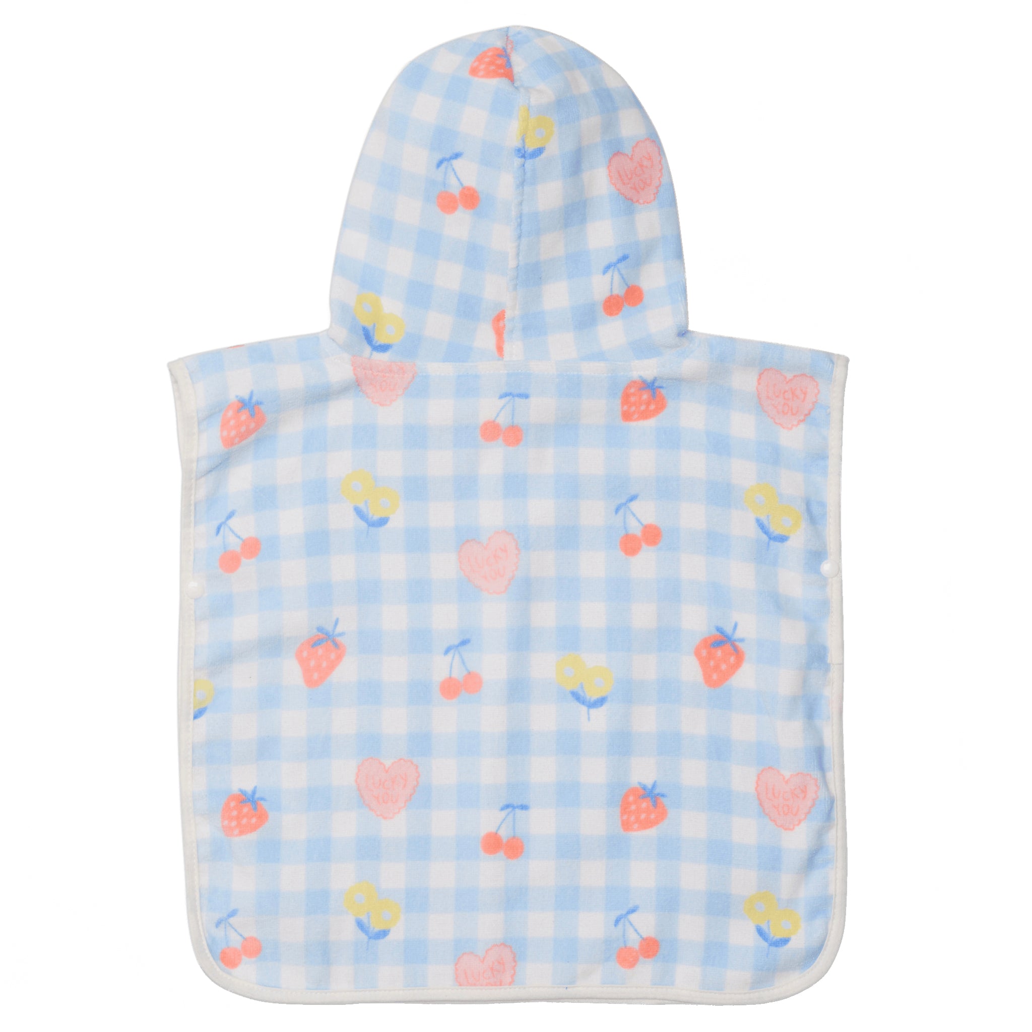 Hooded poncho with fruit pattern on a white background