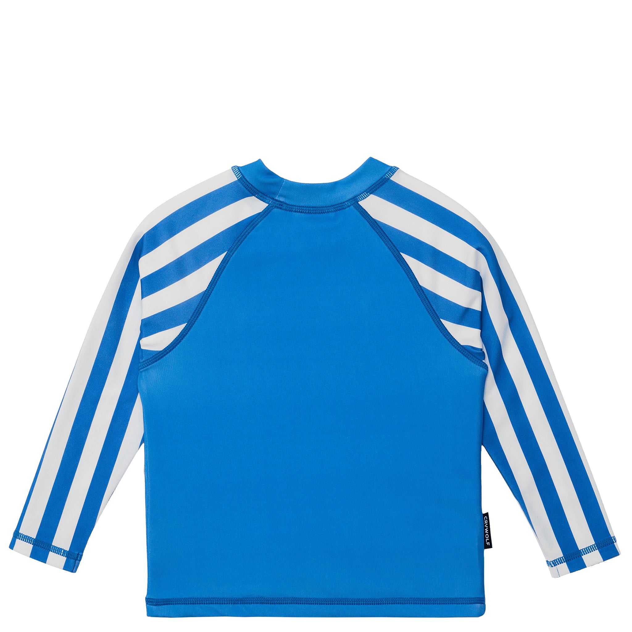 Blue and white striped rash vest on a white background