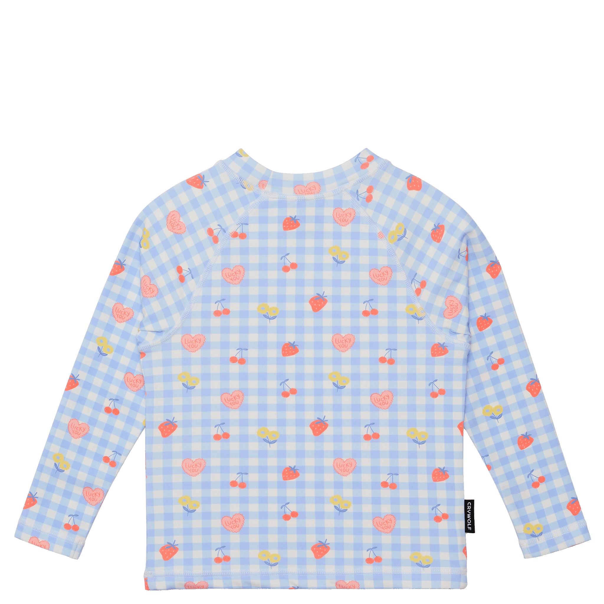 Blue and pink checkered rash vest on a white background