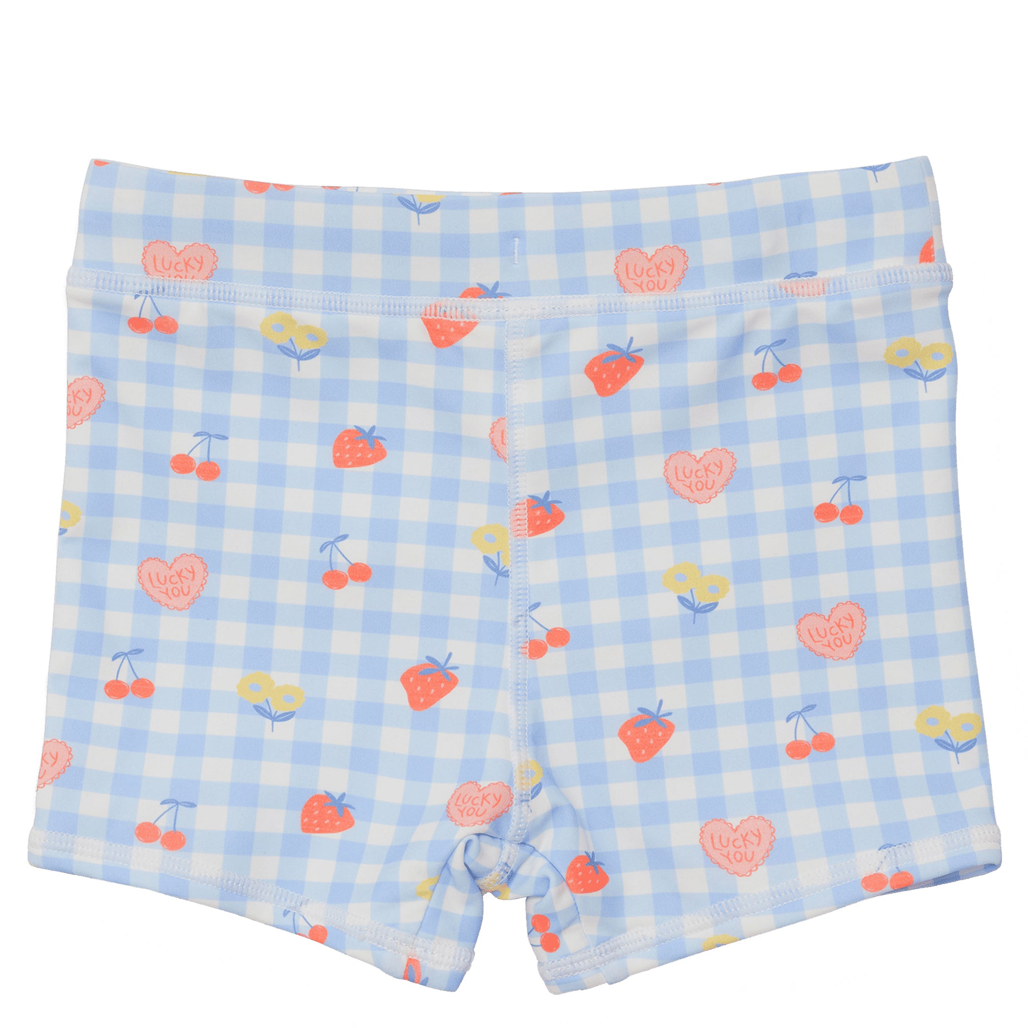 Patterned baby swim shorts on white background
