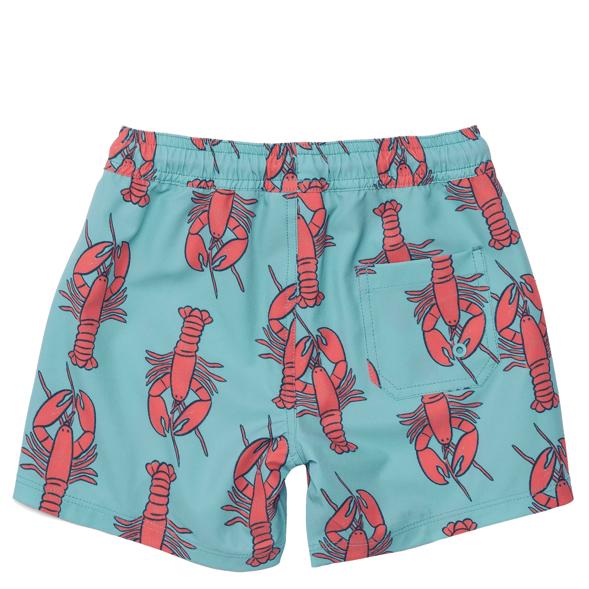 Swim shorts with red lobster pattern on a light blue background