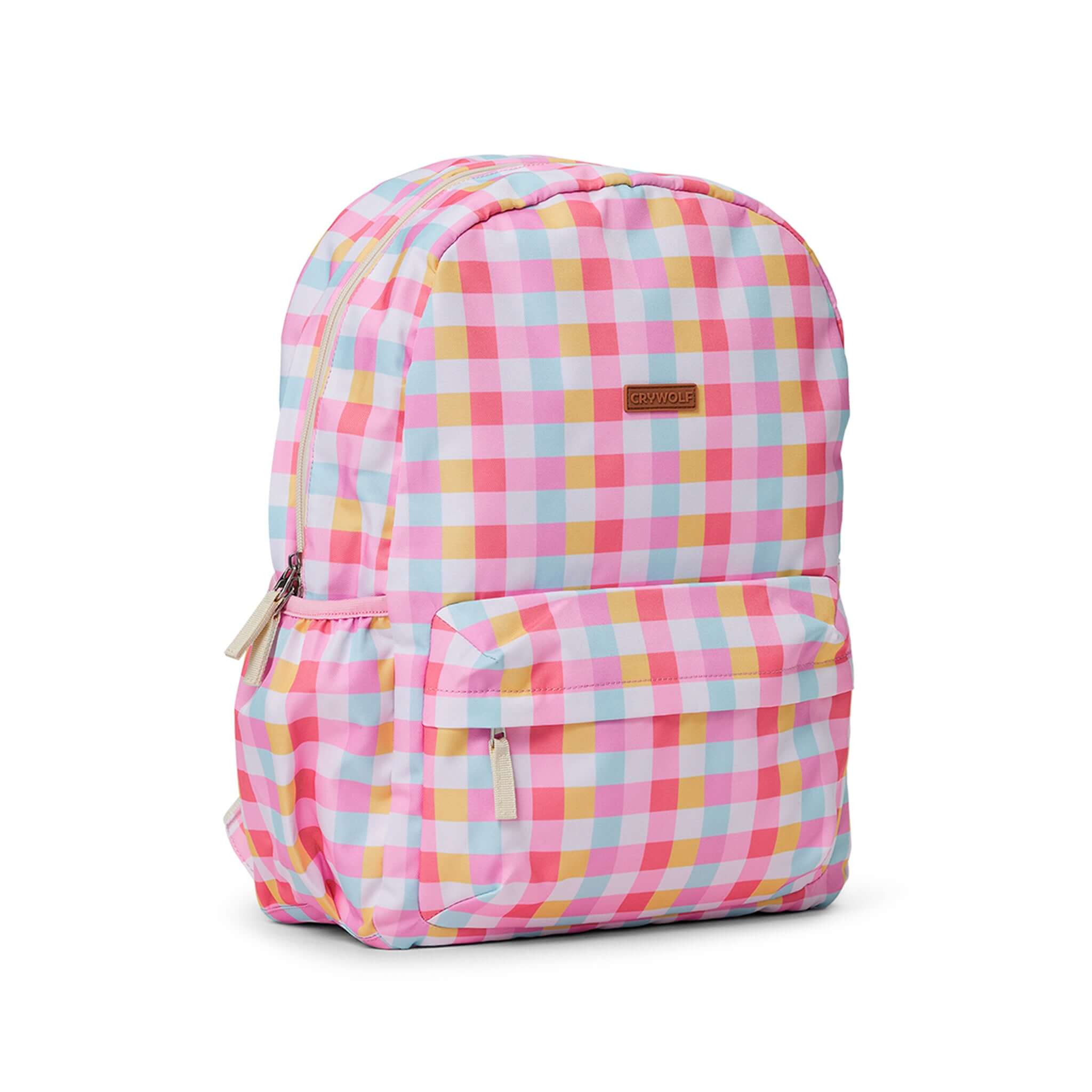 Crywolf Daypack - Pop Gingham backpack with colorful checkered pattern, zippered pocket, and padded straps.