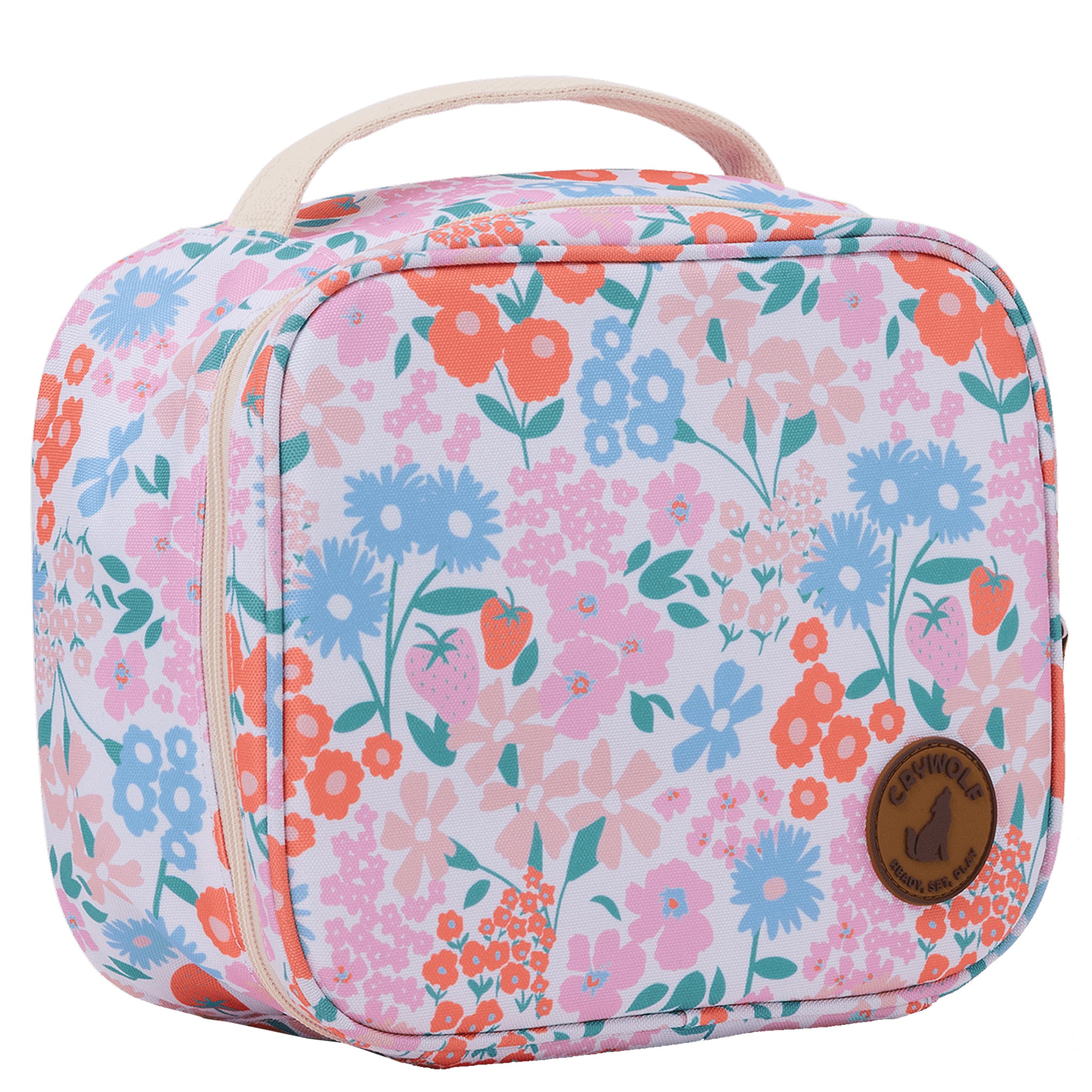 Floral-patterned cosmetic bag with a visible brand logo on a white background