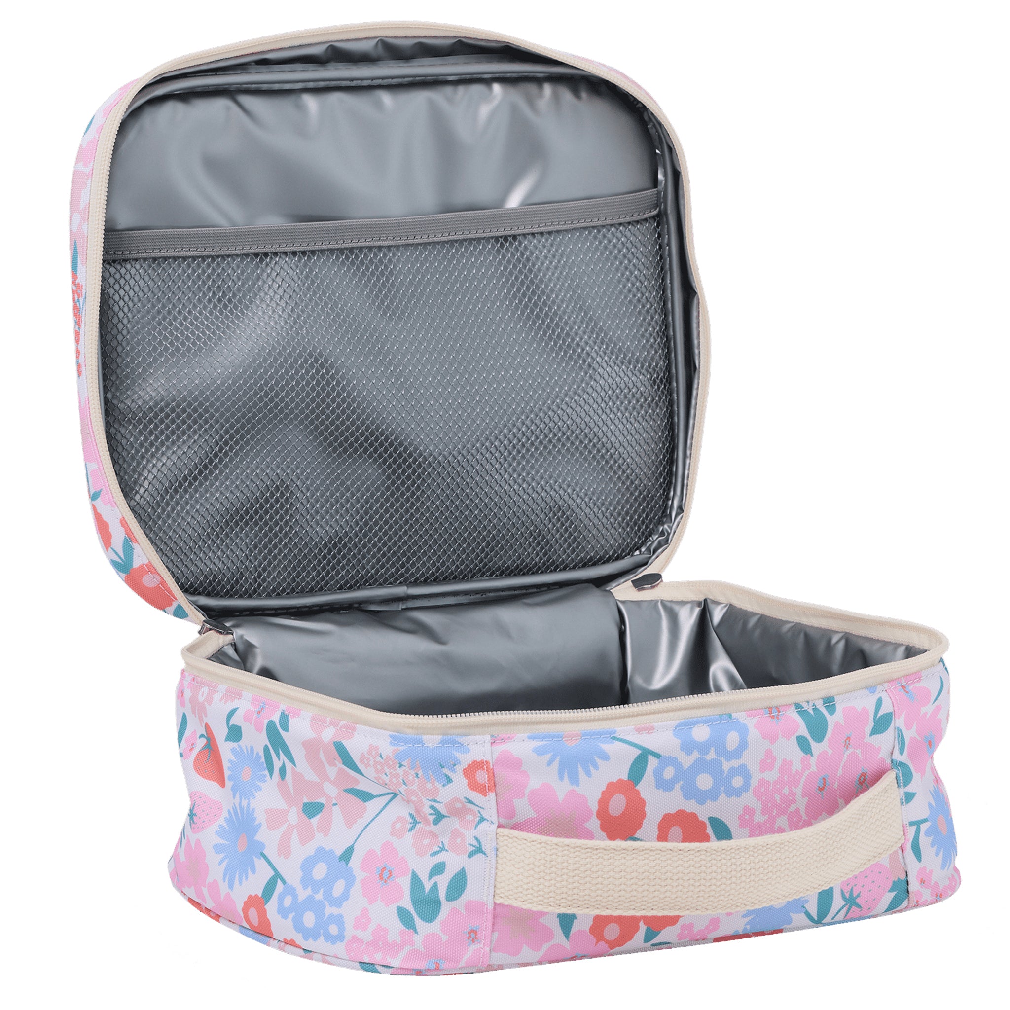 Floral-patterned travel bag with a gray interior on a white background