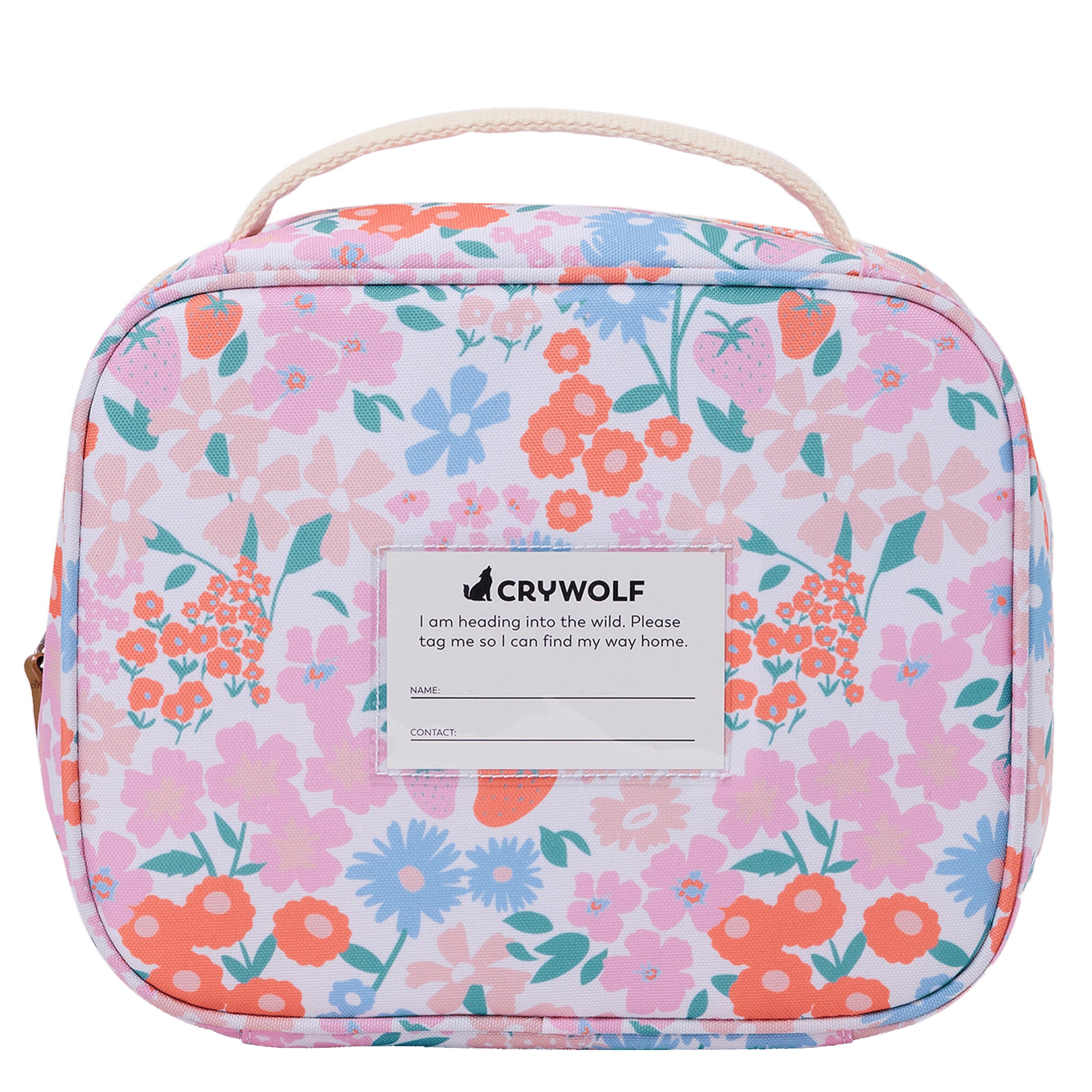 Floral-patterned bag with a label on a white background